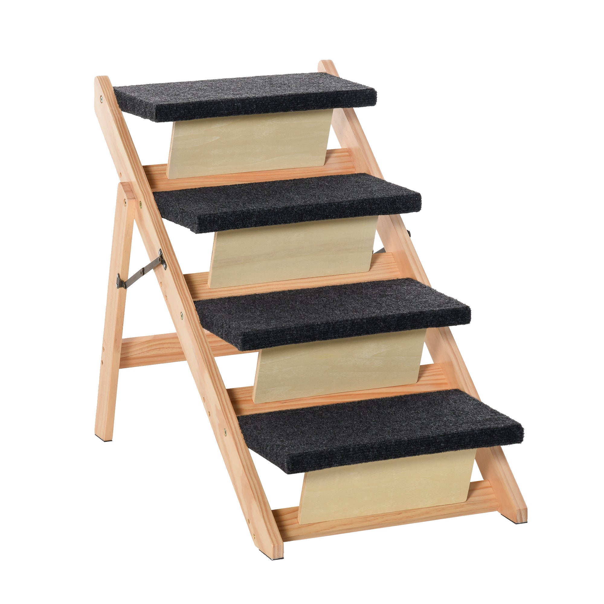 PawHut Wood Pet Stairs 2 In 1 Convertible Dog Steps and Carpeted Ramp Portable Foldable 4 Level Cat Ladder for High Bed Couch Car