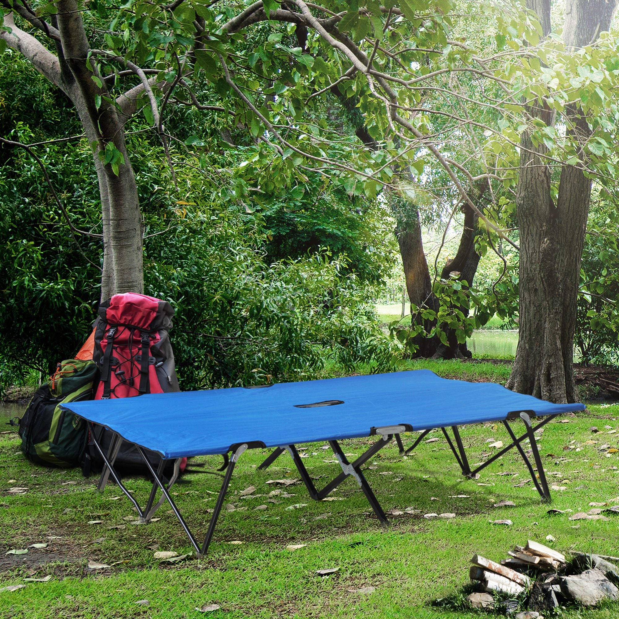Outsunny 76" Two Person Folding Camping Cot Outdoor Portable Double Cot Wide Military Sleeping Bed w/ Carrying Bag Blue