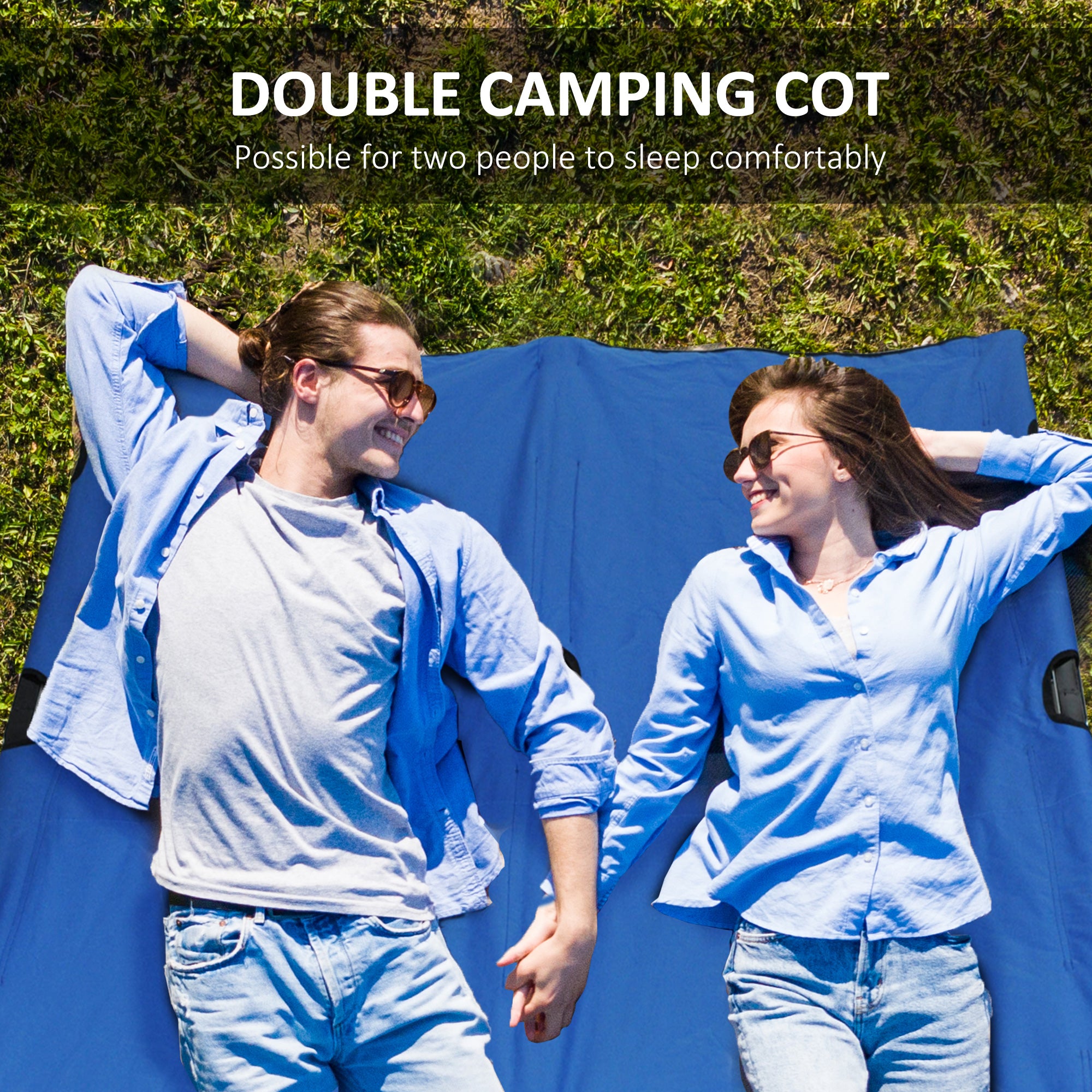 Outsunny 76" Two Person Folding Camping Cot Outdoor Portable Double Cot Wide Military Sleeping Bed w/ Carrying Bag Blue