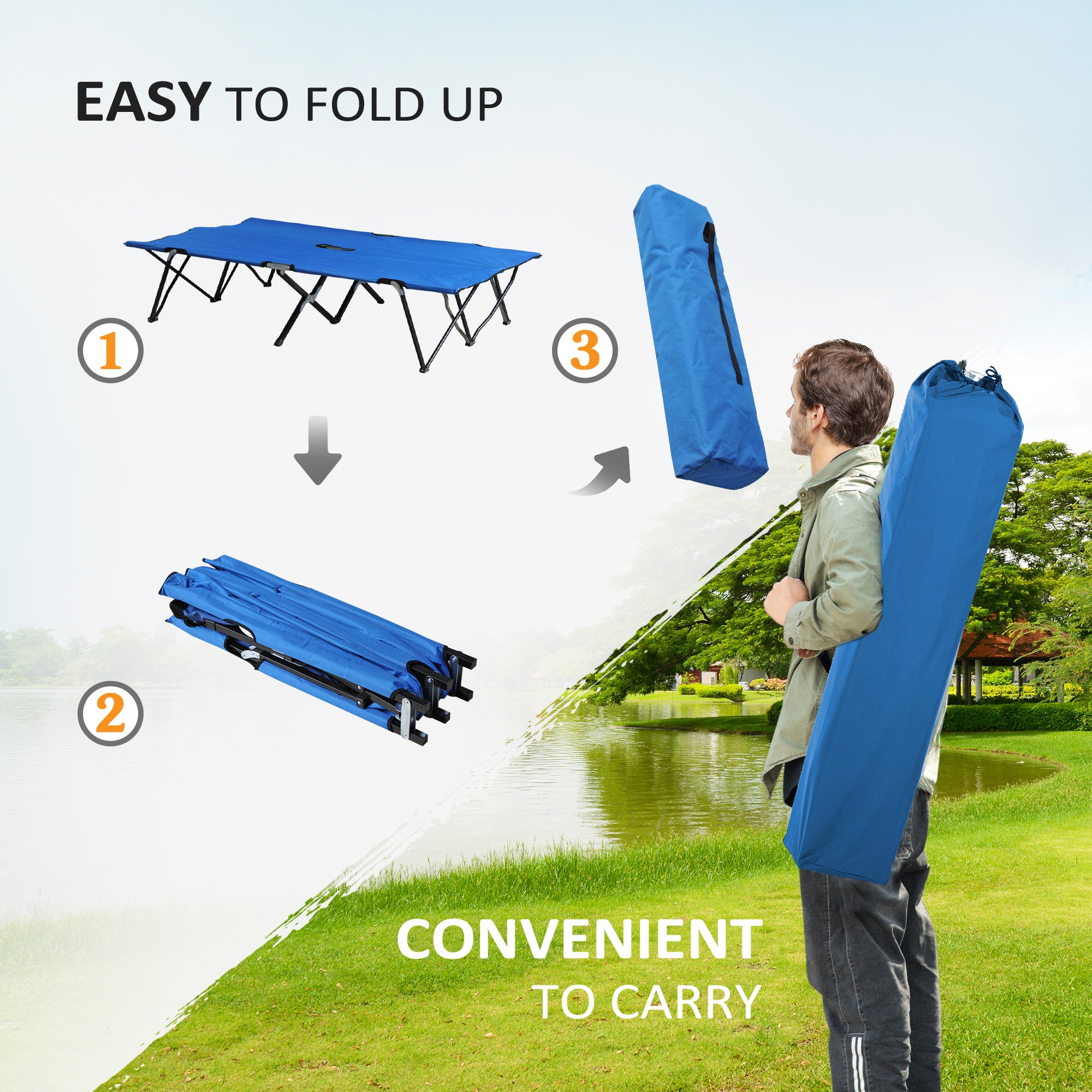 Outsunny 76" Two Person Folding Camping Cot Outdoor Portable Double Cot Wide Military Sleeping Bed w/ Carrying Bag Blue