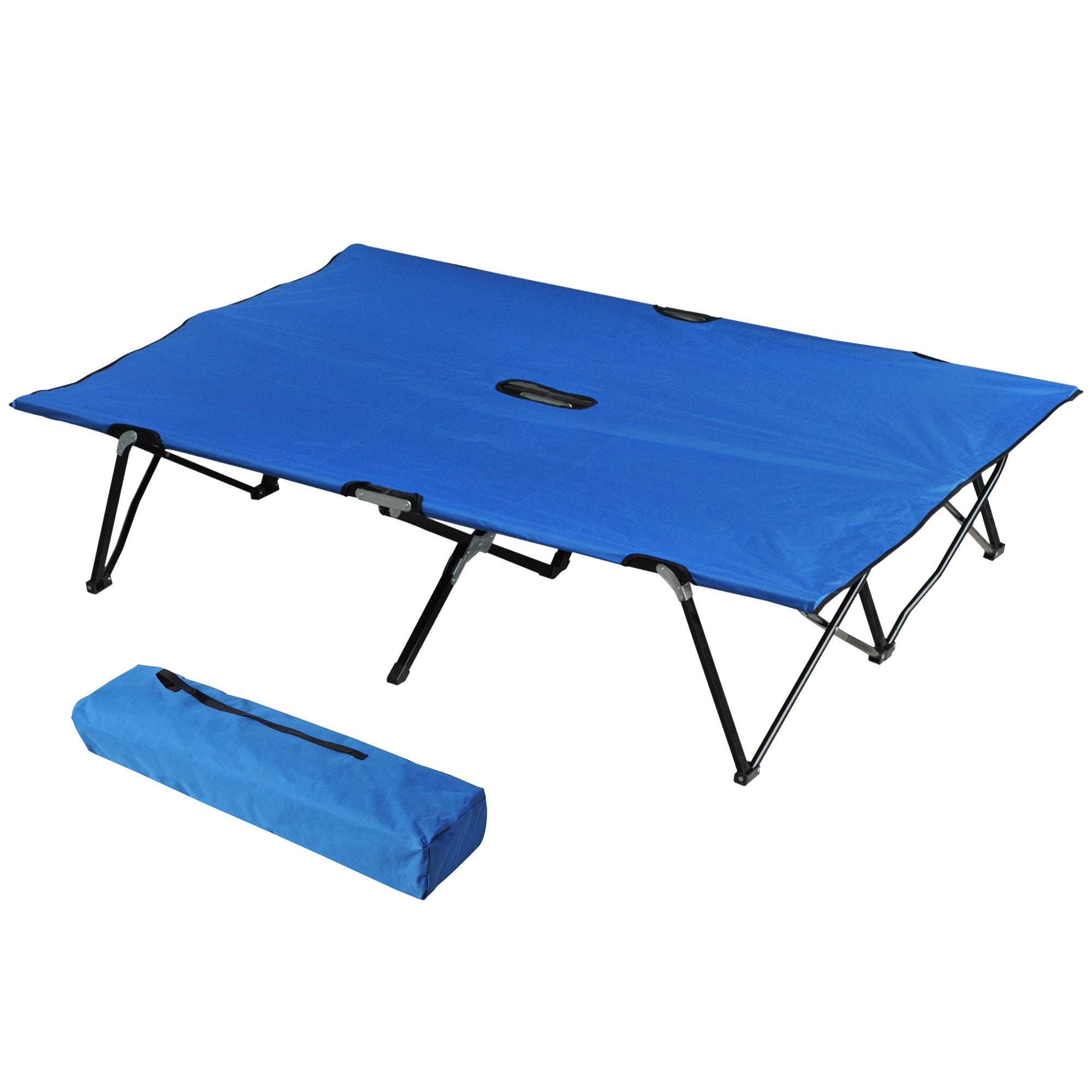 Outsunny 76" Two Person Folding Camping Cot Outdoor Portable Double Cot Wide Military Sleeping Bed w/ Carrying Bag Blue