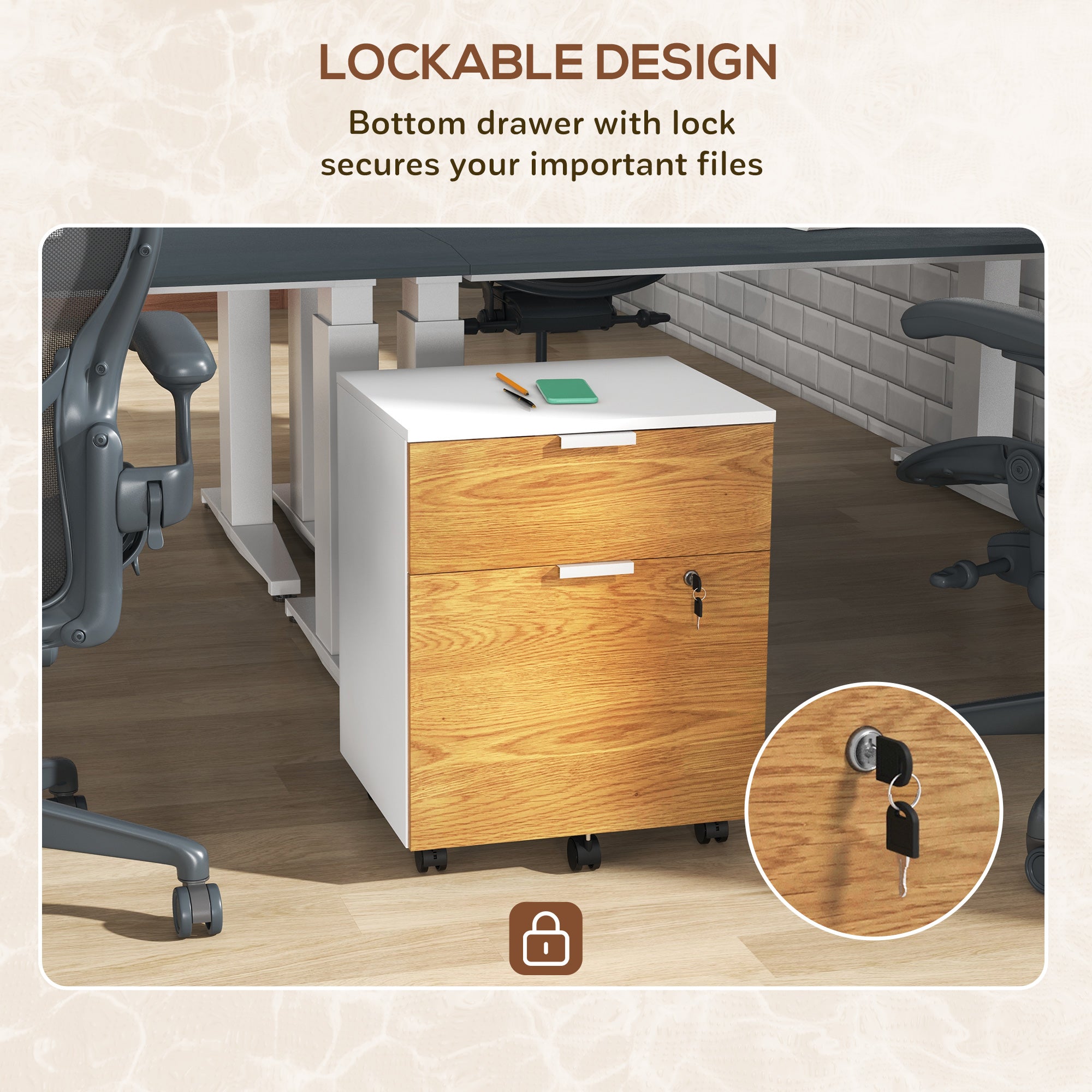 HOMCOM Vertical Filing Cabinet, Lockable 2 Drawer File Cabinet on Wheels with Adjustable Hanging Bars for A4, Legal and Letter for Home Office, White and Nature Wood