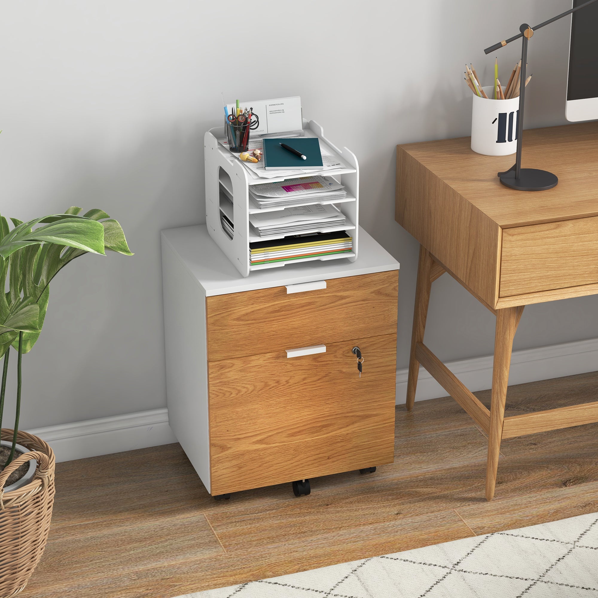 HOMCOM Vertical Filing Cabinet, Lockable 2 Drawer File Cabinet on Wheels with Adjustable Hanging Bars for A4, Legal and Letter for Home Office, White and Nature Wood