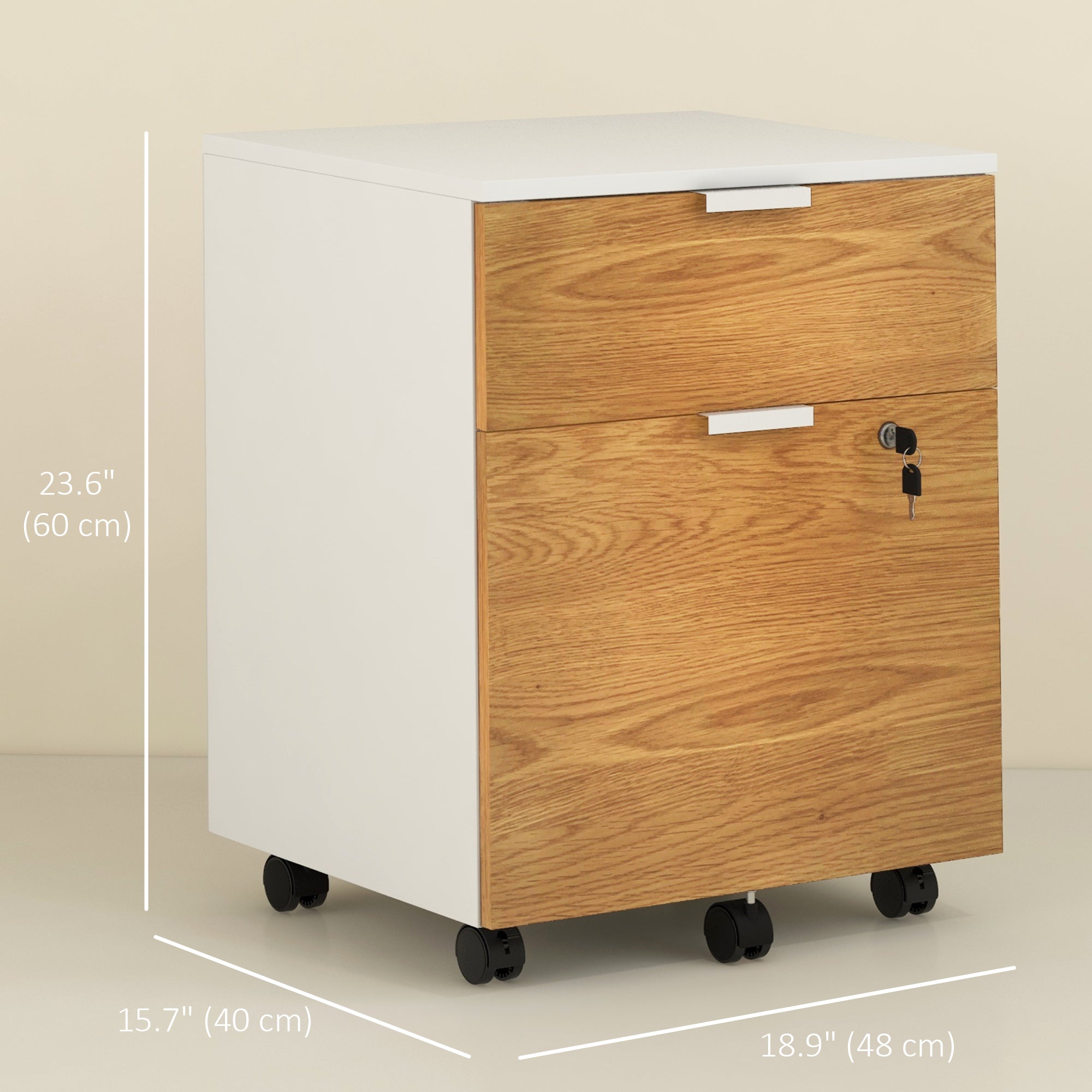 HOMCOM Vertical Filing Cabinet, Lockable 2 Drawer File Cabinet on Wheels with Adjustable Hanging Bars for A4, Legal and Letter for Home Office, White and Nature Wood