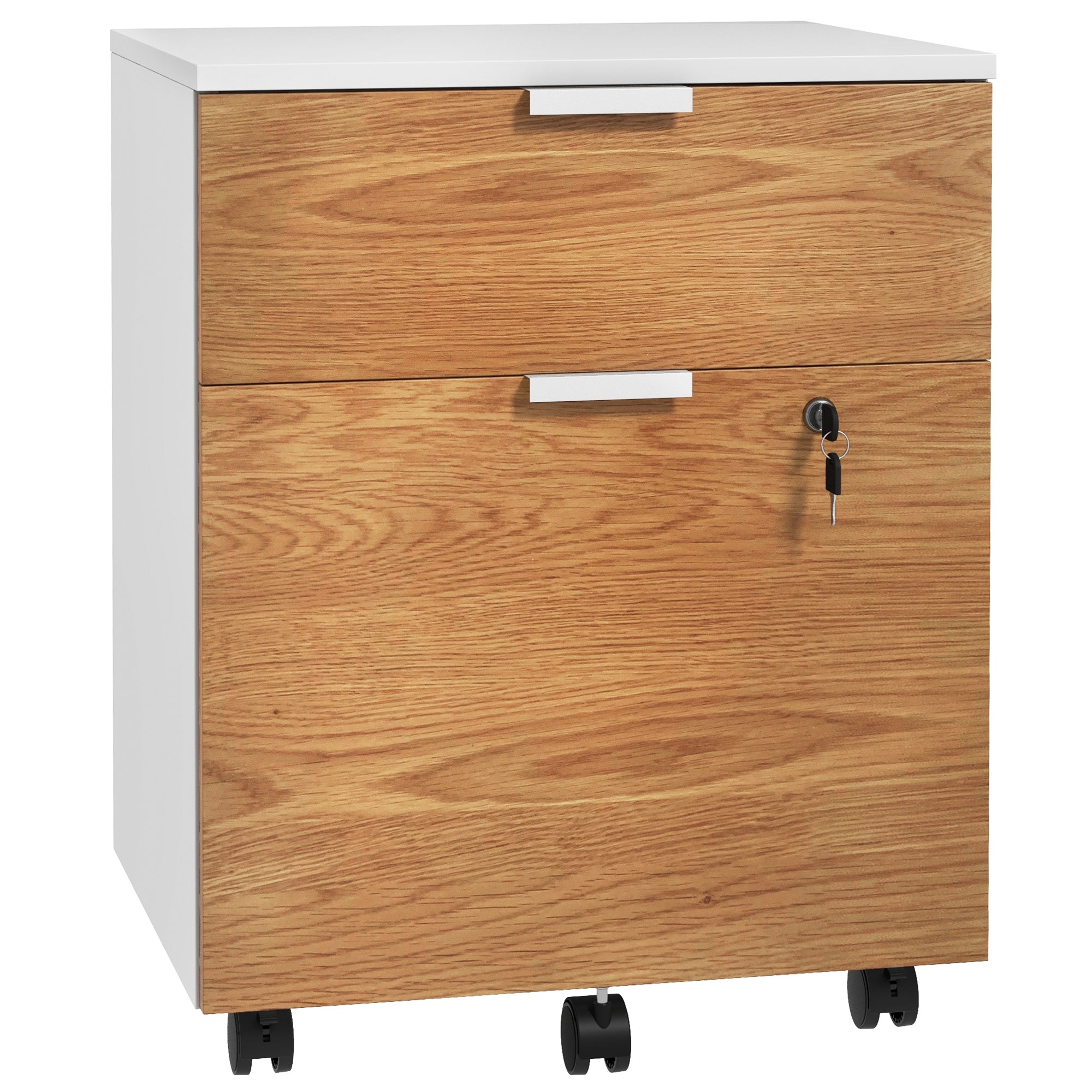 HOMCOM Vertical Filing Cabinet, Lockable 2 Drawer File Cabinet on Wheels with Adjustable Hanging Bars for A4, Legal and Letter for Home Office, White and Nature Wood