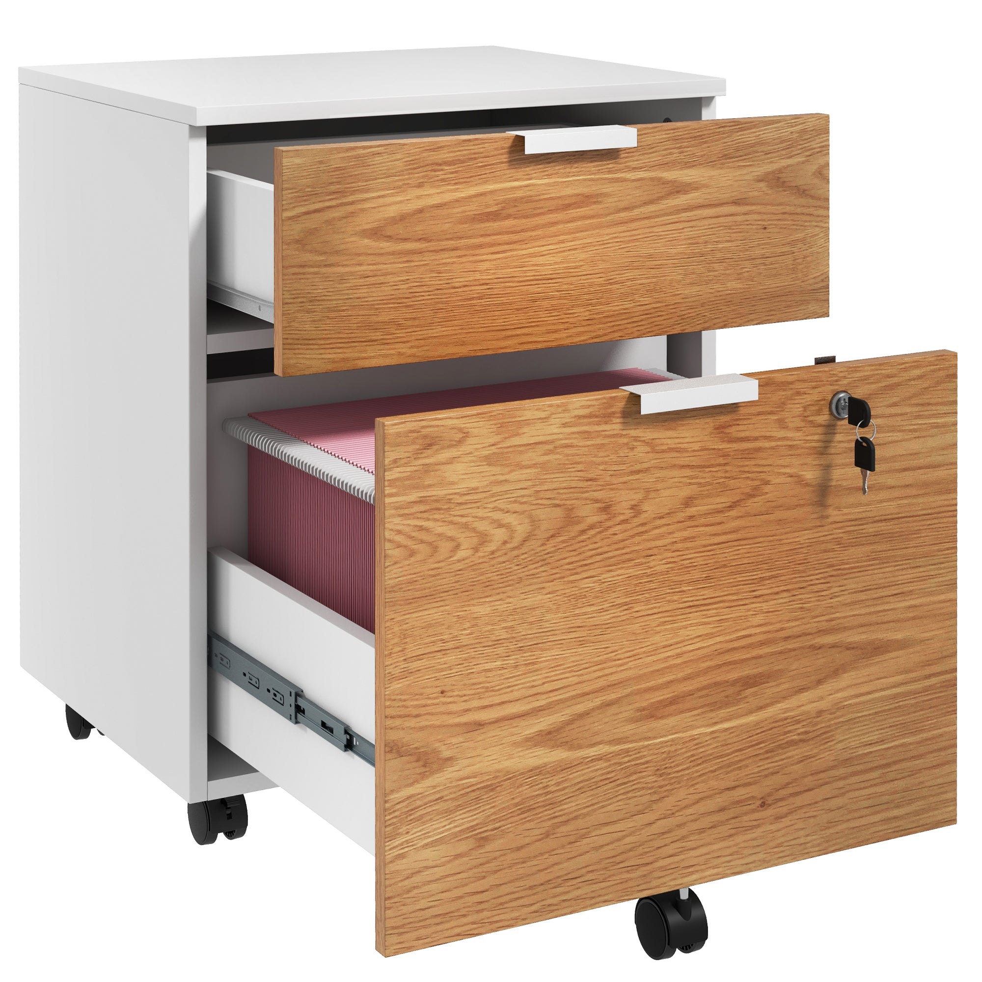 HOMCOM Vertical Filing Cabinet, Lockable 2 Drawer File Cabinet on Wheels with Adjustable Hanging Bars for A4, Legal and Letter for Home Office, White and Nature Wood