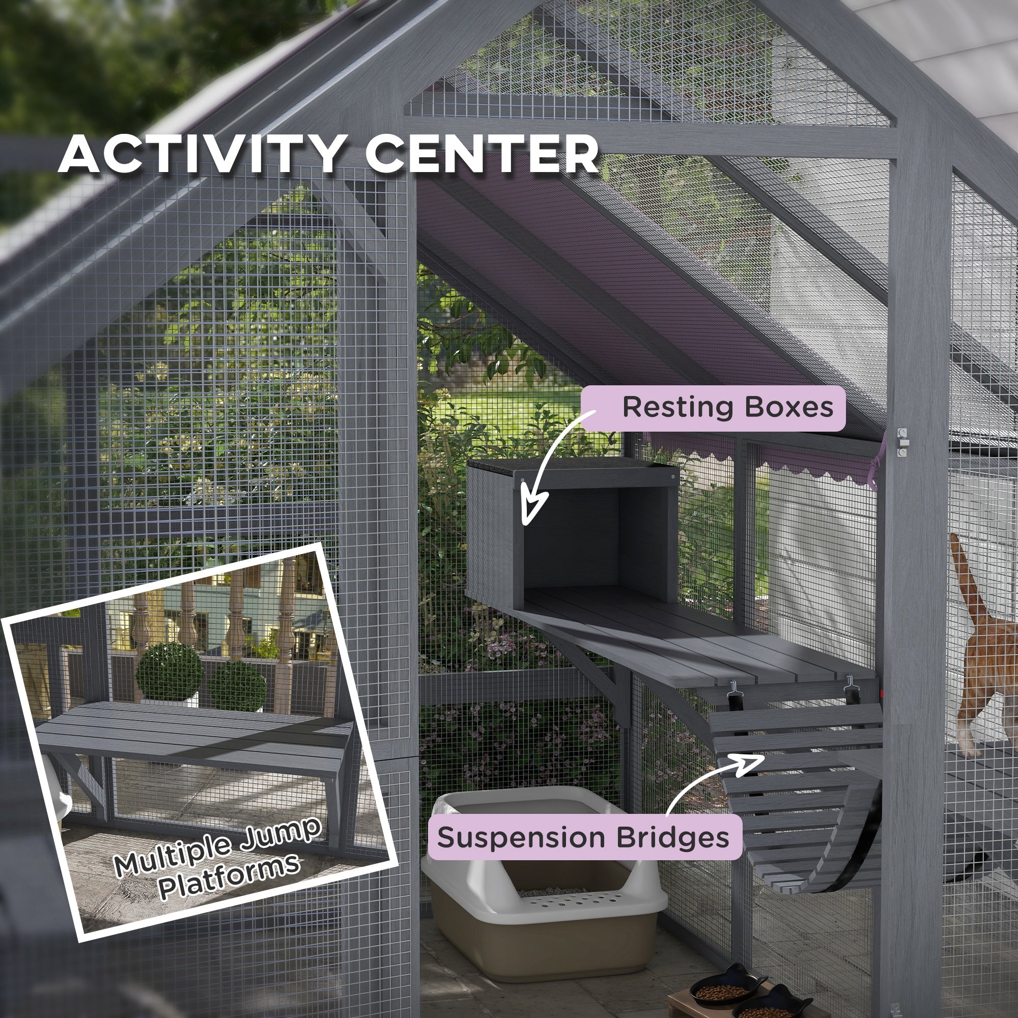 PawHut Catio Outdoor Cat Enclosure Wooden Feral Cat House with Weatherproof Canopy, Bridges, Resting Boxes, Platforms, for 3-6 Cats, Grey