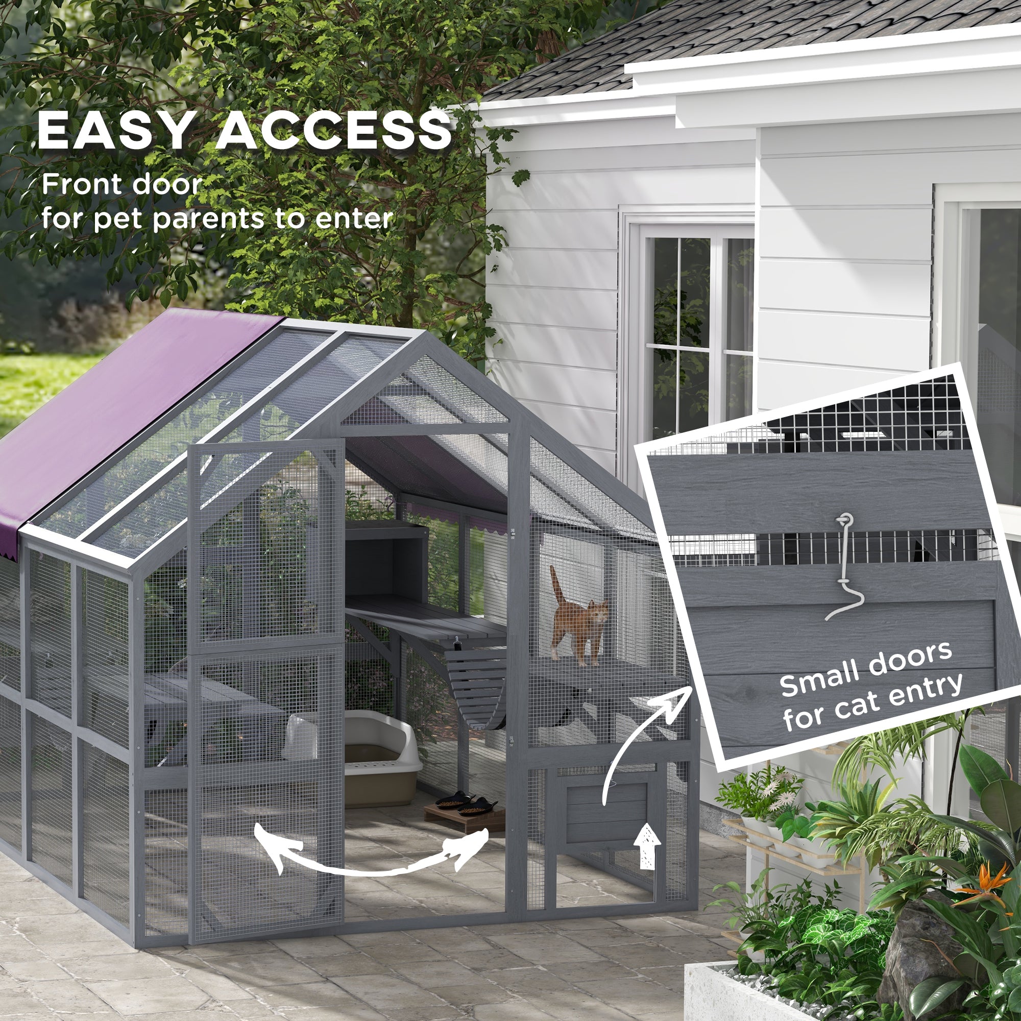 PawHut Catio Outdoor Cat Enclosure Wooden Feral Cat House with Weatherproof Canopy, Bridges, Resting Boxes, Platforms, for 3-6 Cats, Grey
