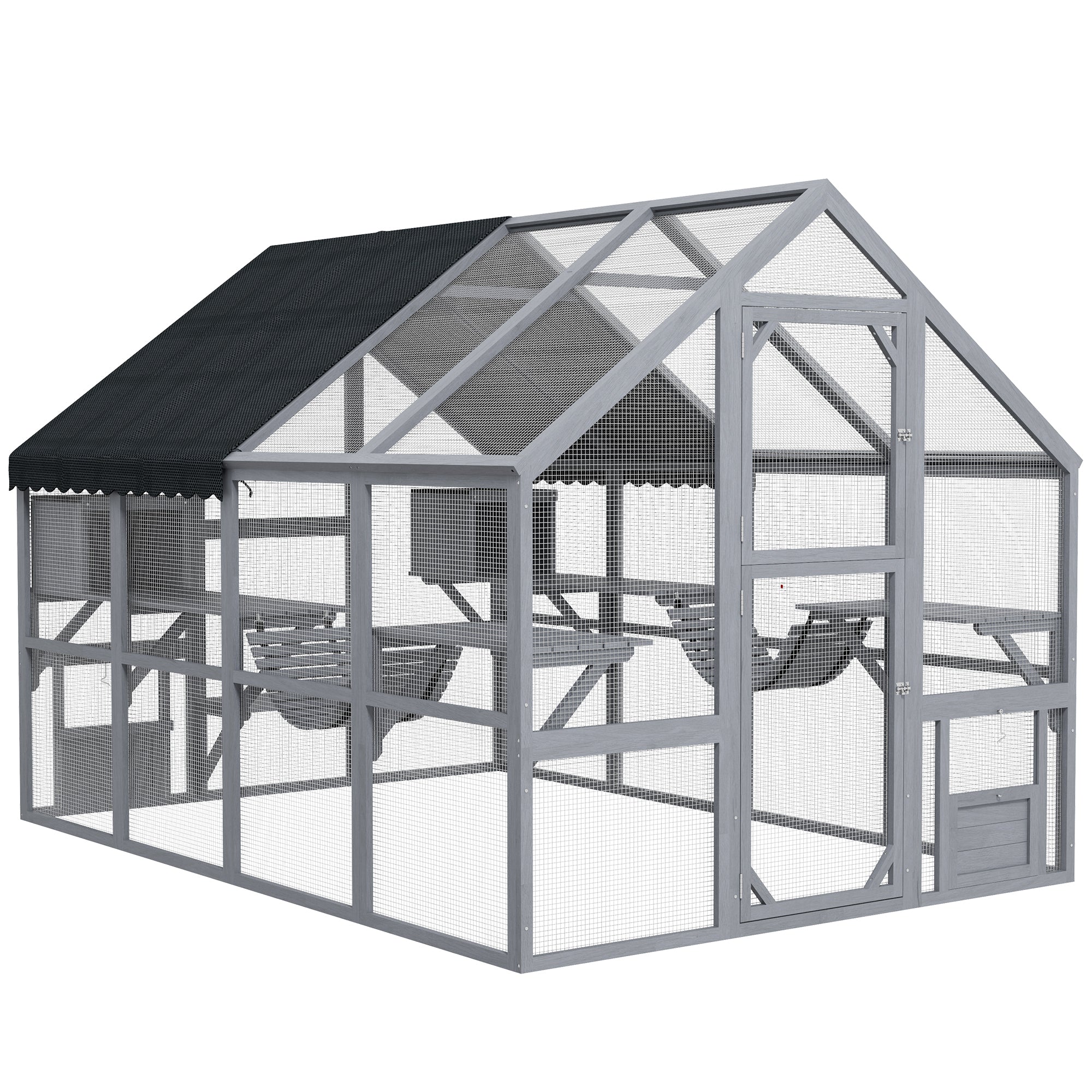 PawHut Large Catio Outdoor Cat Enclosure for Multiple Cats, Wooden Cat House with Waterproof Cover, Walk in Cat Cage Kennel with 2 Condos, 6 Platforms, Bridge, Doors, 110" x 73" x 74", Gray