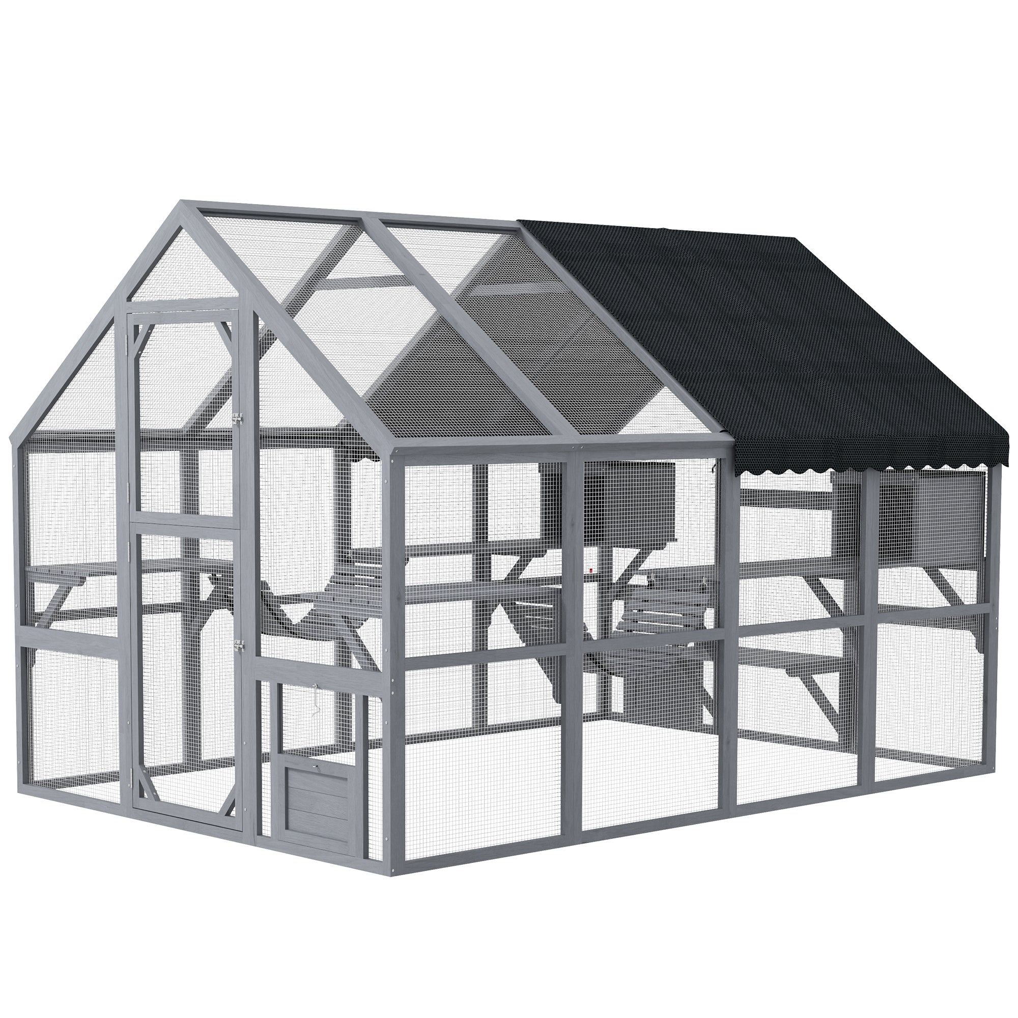 PawHut Large Catio Outdoor Cat Enclosure for Multiple Cats, Wooden Cat House with Waterproof Cover, Walk in Cat Cage Kennel with 2 Condos, 6 Platforms, Bridge, Doors, 110" x 73" x 74", Gray