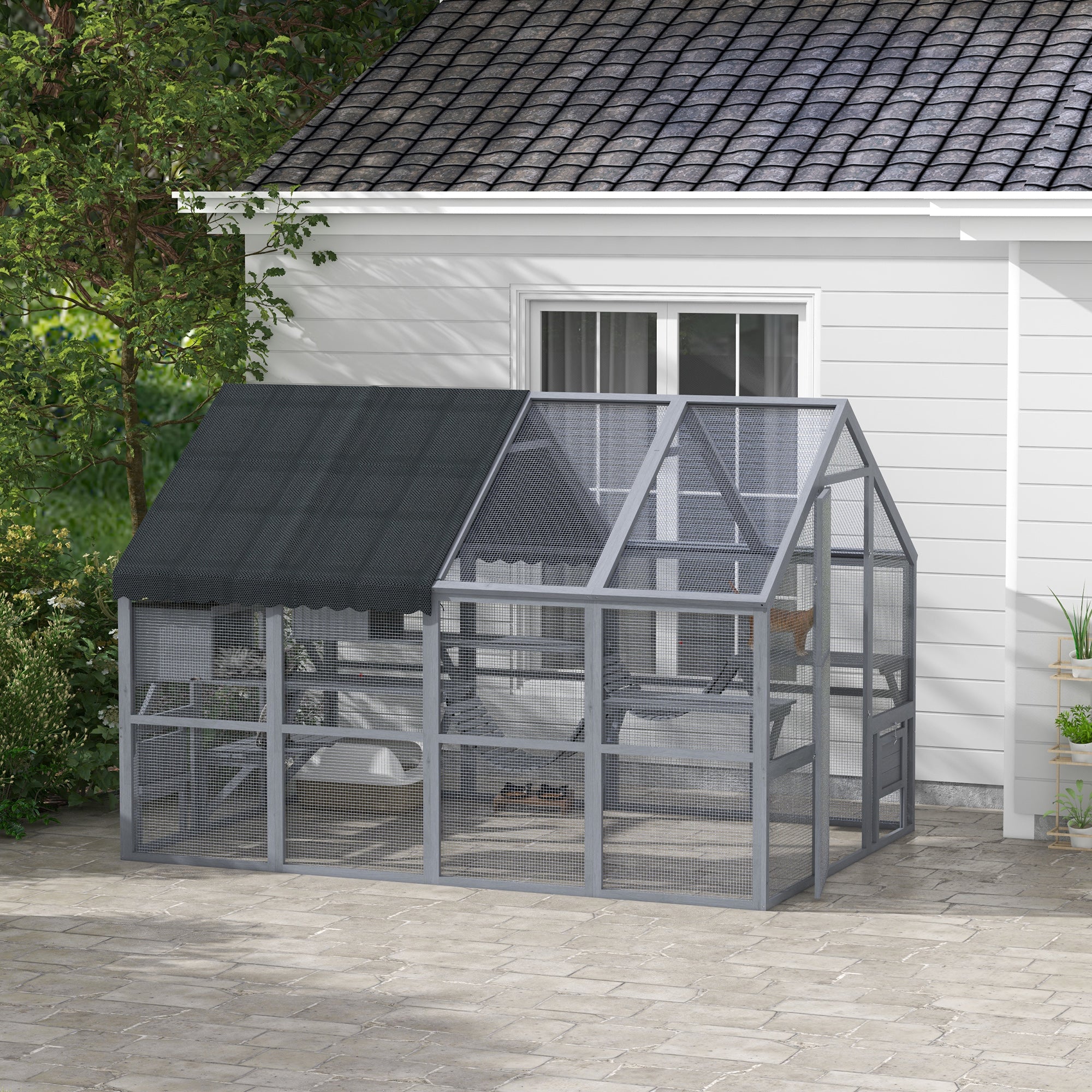 PawHut Large Catio Outdoor Cat Enclosure for Multiple Cats, Wooden Cat House with Waterproof Cover, Walk in Cat Cage Kennel with 2 Condos, 6 Platforms, Bridge, Doors, 110" x 73" x 74", Gray
