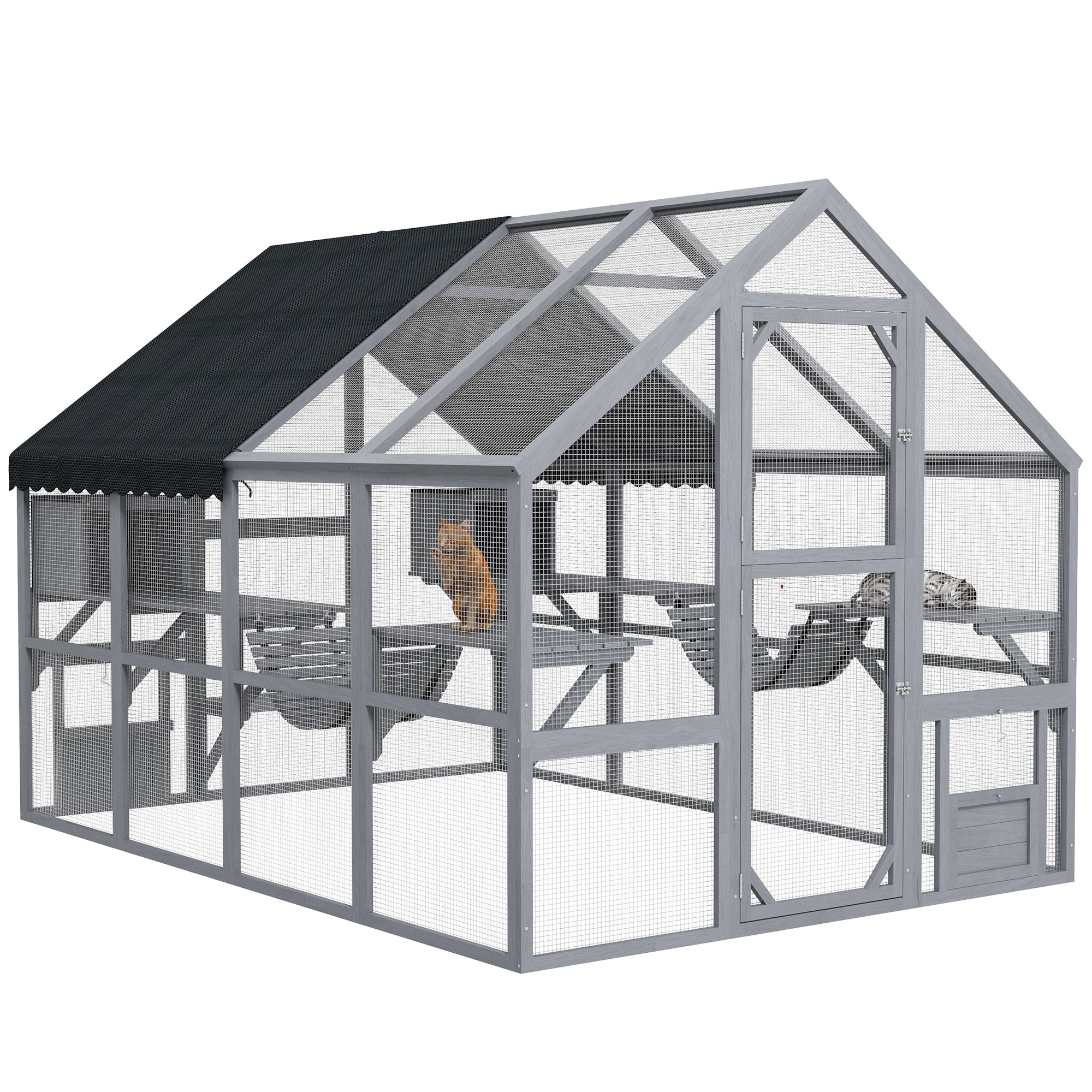 PawHut Large Catio Outdoor Cat Enclosure for Multiple Cats, Wooden Cat House with Waterproof Cover, Walk in Cat Cage Kennel with 2 Condos, 6 Platforms, Bridge, Doors, 110" x 73" x 74", Gray