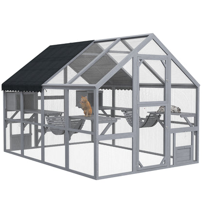 PawHut Large Catio Outdoor Cat Enclosure for Multiple Cats, Wooden Cat House with Waterproof Cover, Walk in Cat Cage Kennel with 2 Condos, 6 Platforms, Bridge, Doors, 110" x 73" x 74", Gray