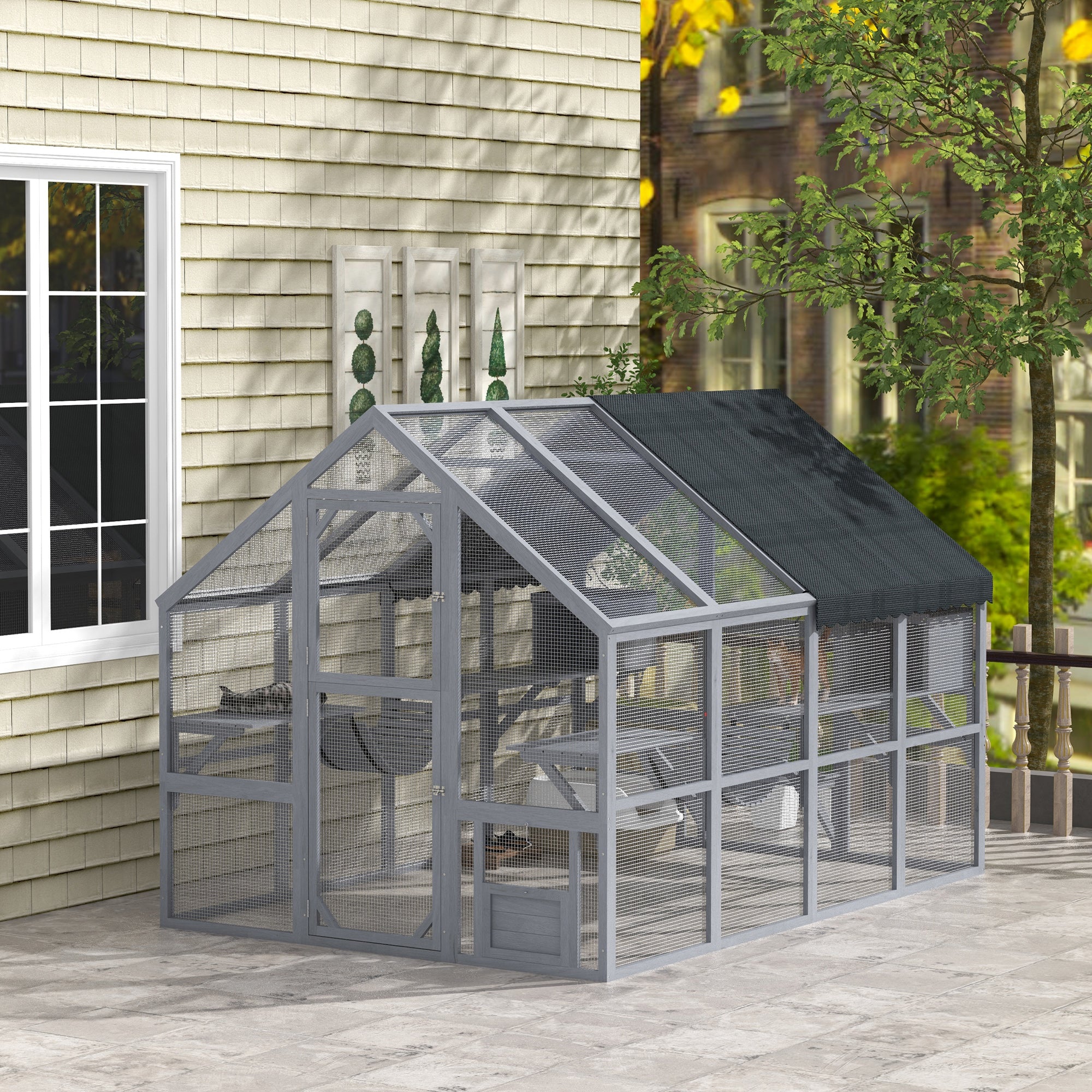 PawHut Large Catio Outdoor Cat Enclosure for Multiple Cats, Wooden Cat House with Waterproof Cover, Walk in Cat Cage Kennel with 2 Condos, 6 Platforms, Bridge, Doors, 110" x 73" x 74", Gray