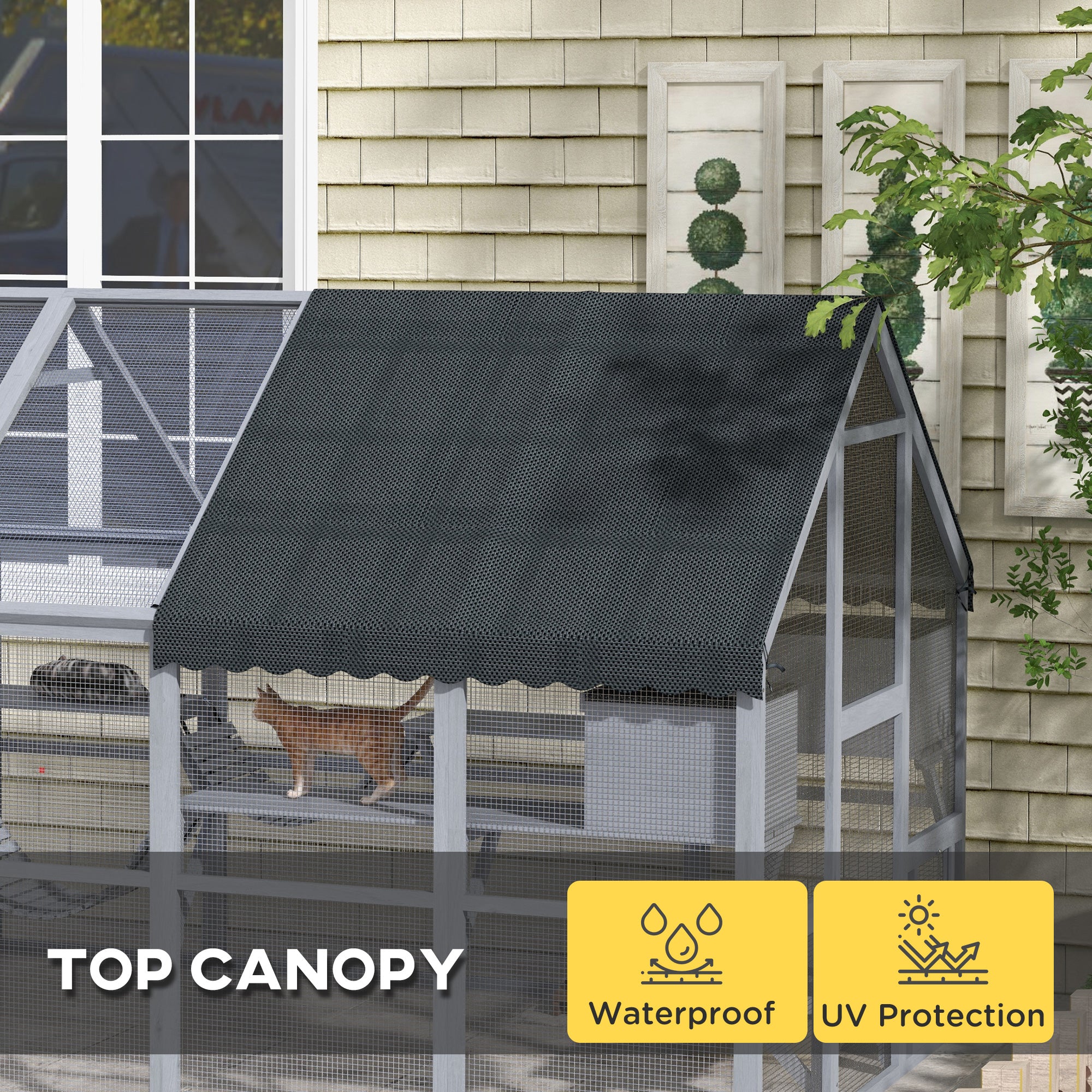 PawHut Large Catio Outdoor Cat Enclosure for Multiple Cats, Wooden Cat House with Waterproof Cover, Walk in Cat Cage Kennel with 2 Condos, 6 Platforms, Bridge, Doors, 110" x 73" x 74", Gray