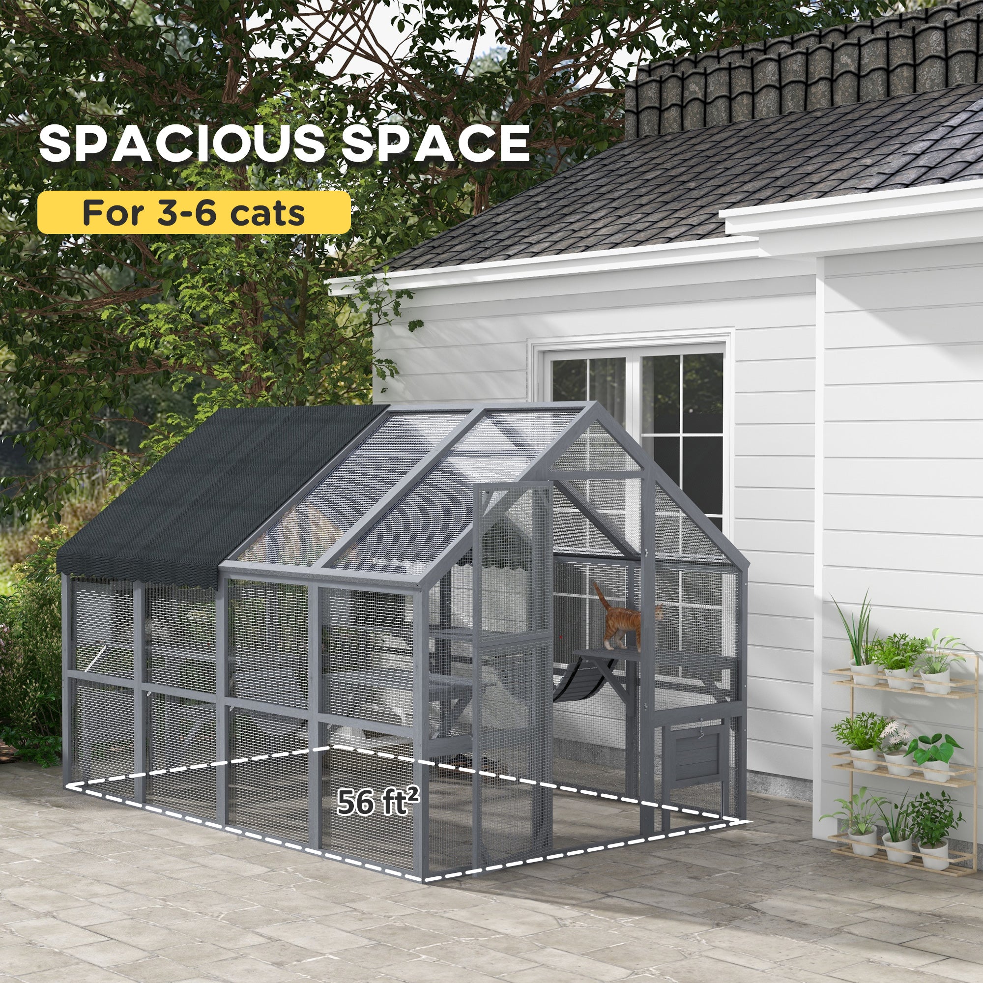 PawHut Large Catio Outdoor Cat Enclosure for Multiple Cats, Wooden Cat House with Waterproof Cover, Walk in Cat Cage Kennel with 2 Condos, 6 Platforms, Bridge, Doors, 110" x 73" x 74", Gray