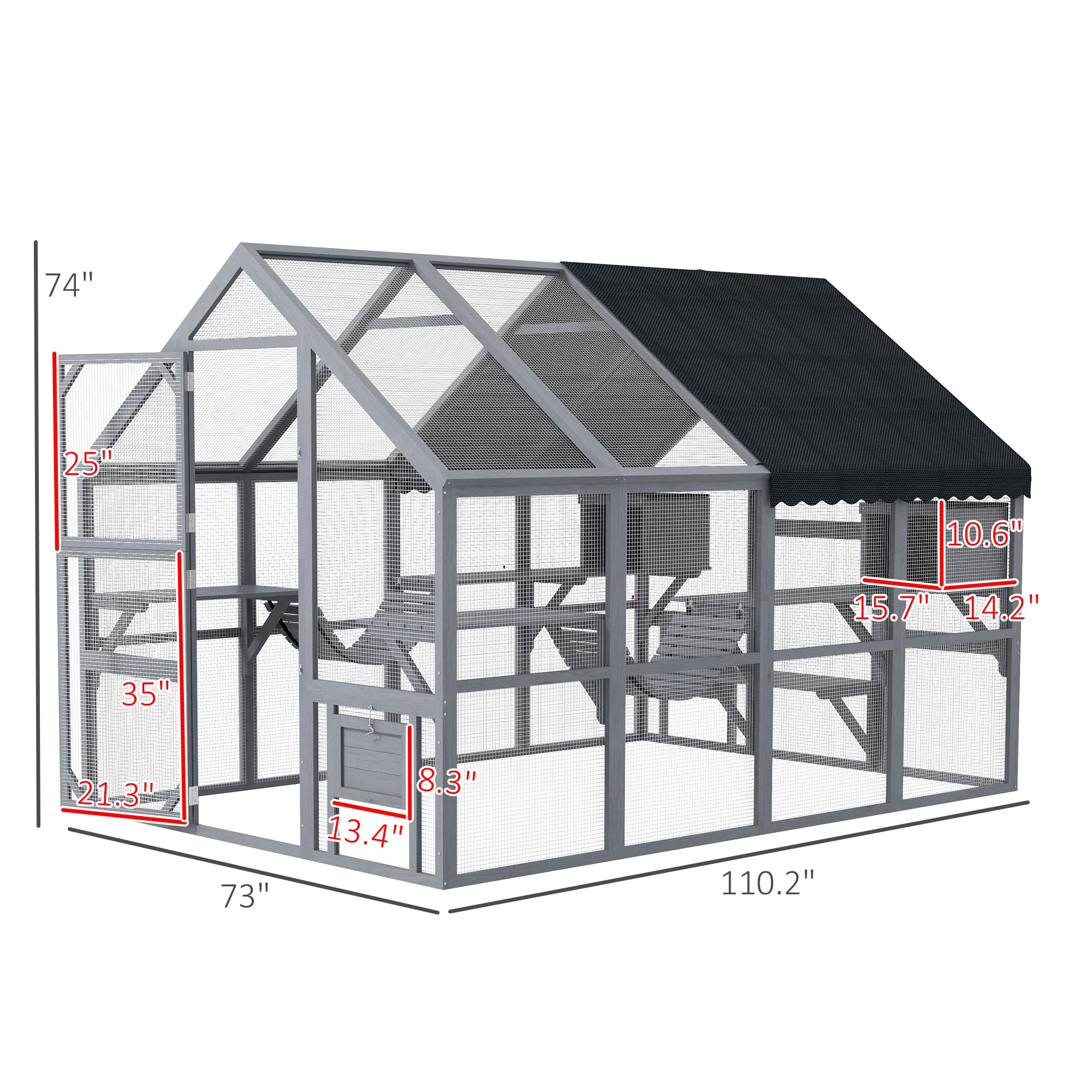 PawHut Large Catio Outdoor Cat Enclosure for Multiple Cats, Wooden Cat House with Waterproof Cover, Walk in Cat Cage Kennel with 2 Condos, 6 Platforms, Bridge, Doors, 110" x 73" x 74", Gray