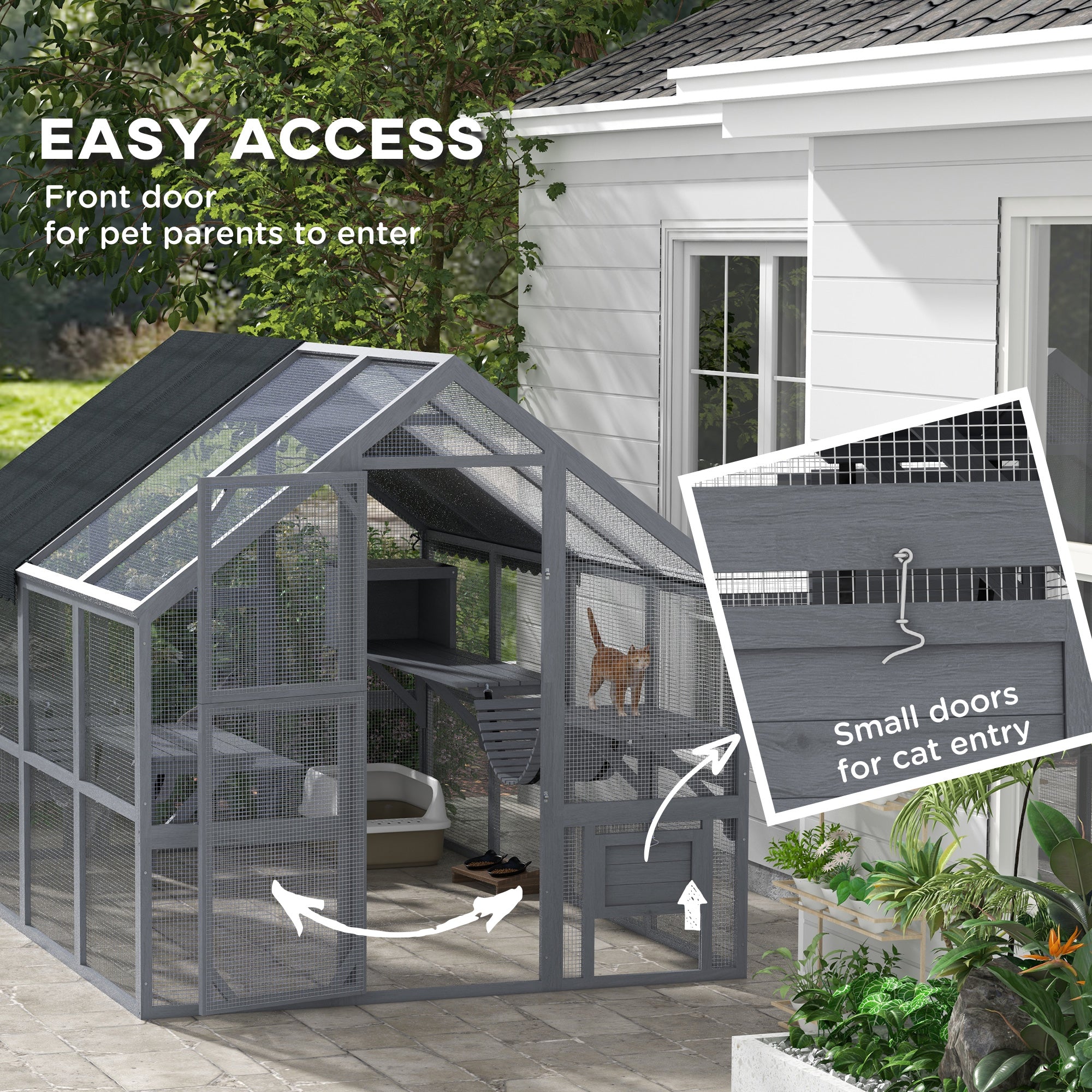 PawHut Large Catio Outdoor Cat Enclosure for Multiple Cats, Wooden Cat House with Waterproof Cover, Walk in Cat Cage Kennel with 2 Condos, 6 Platforms, Bridge, Doors, 110" x 73" x 74", Gray