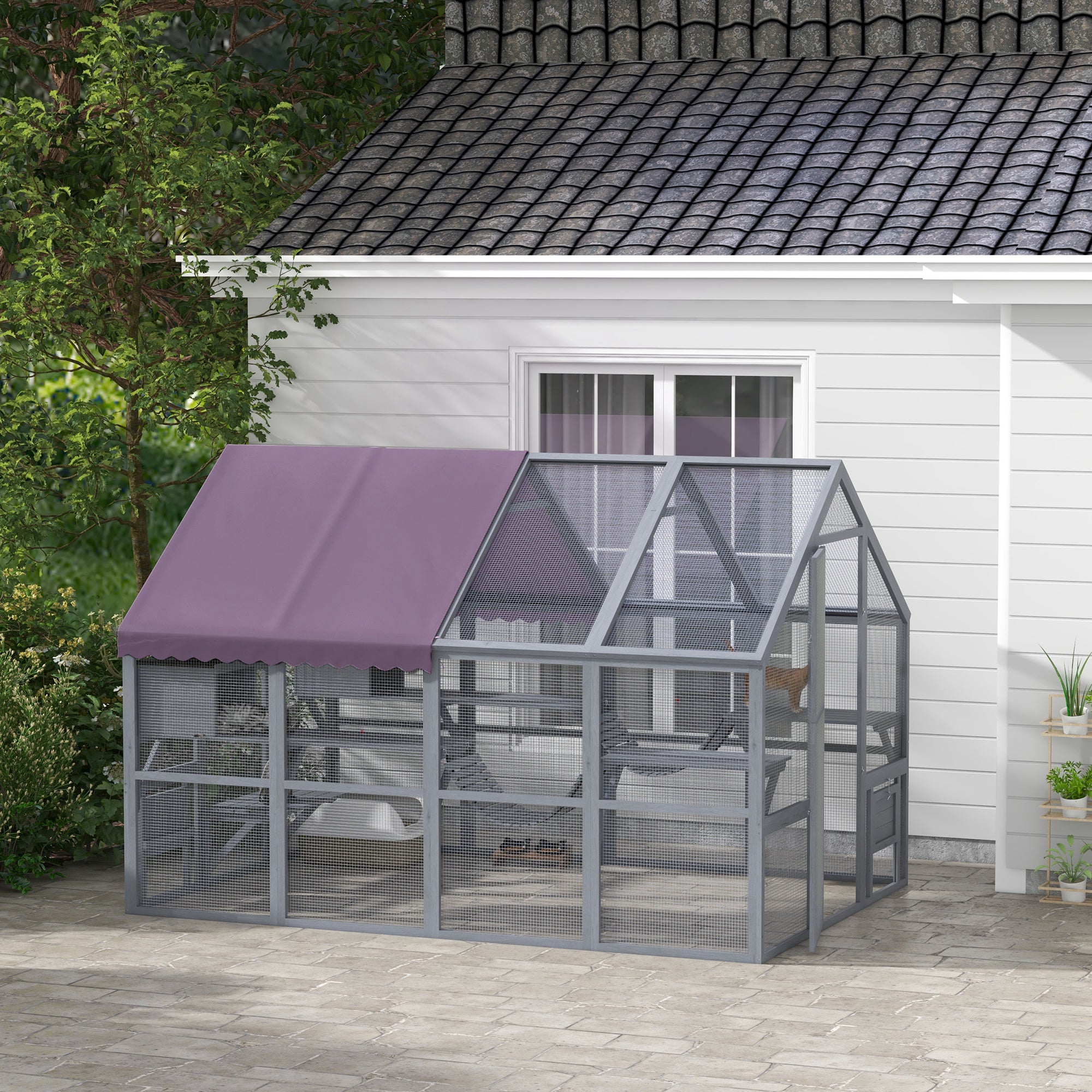 PawHut Catio Outdoor Cat Enclosure Wooden Feral Cat House with Weatherproof Canopy, Bridges, Resting Boxes, Platforms, for 3-6 Cats, Grey