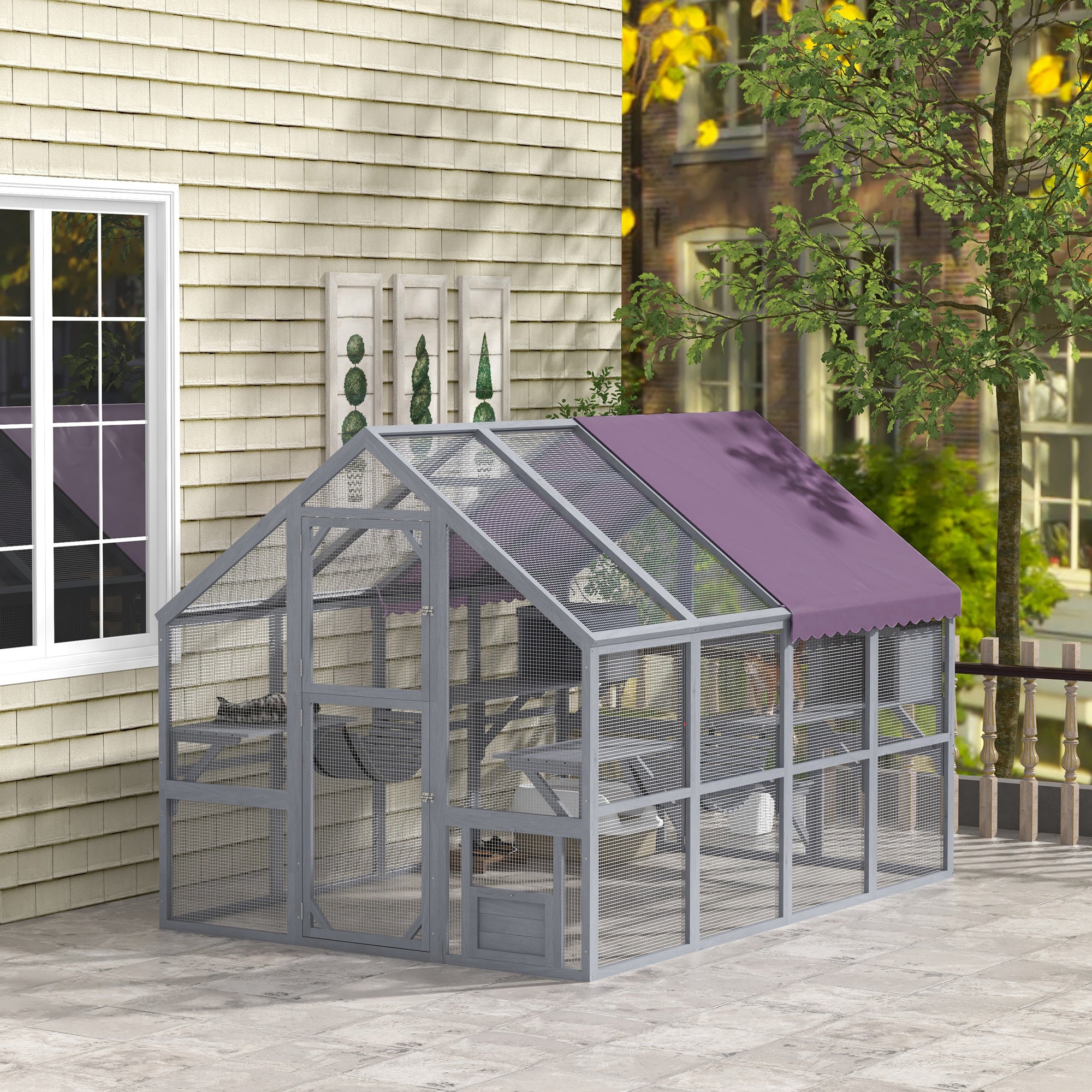 PawHut Catio Outdoor Cat Enclosure Wooden Feral Cat House with Weatherproof Canopy, Bridges, Resting Boxes, Platforms, for 3-6 Cats, Grey