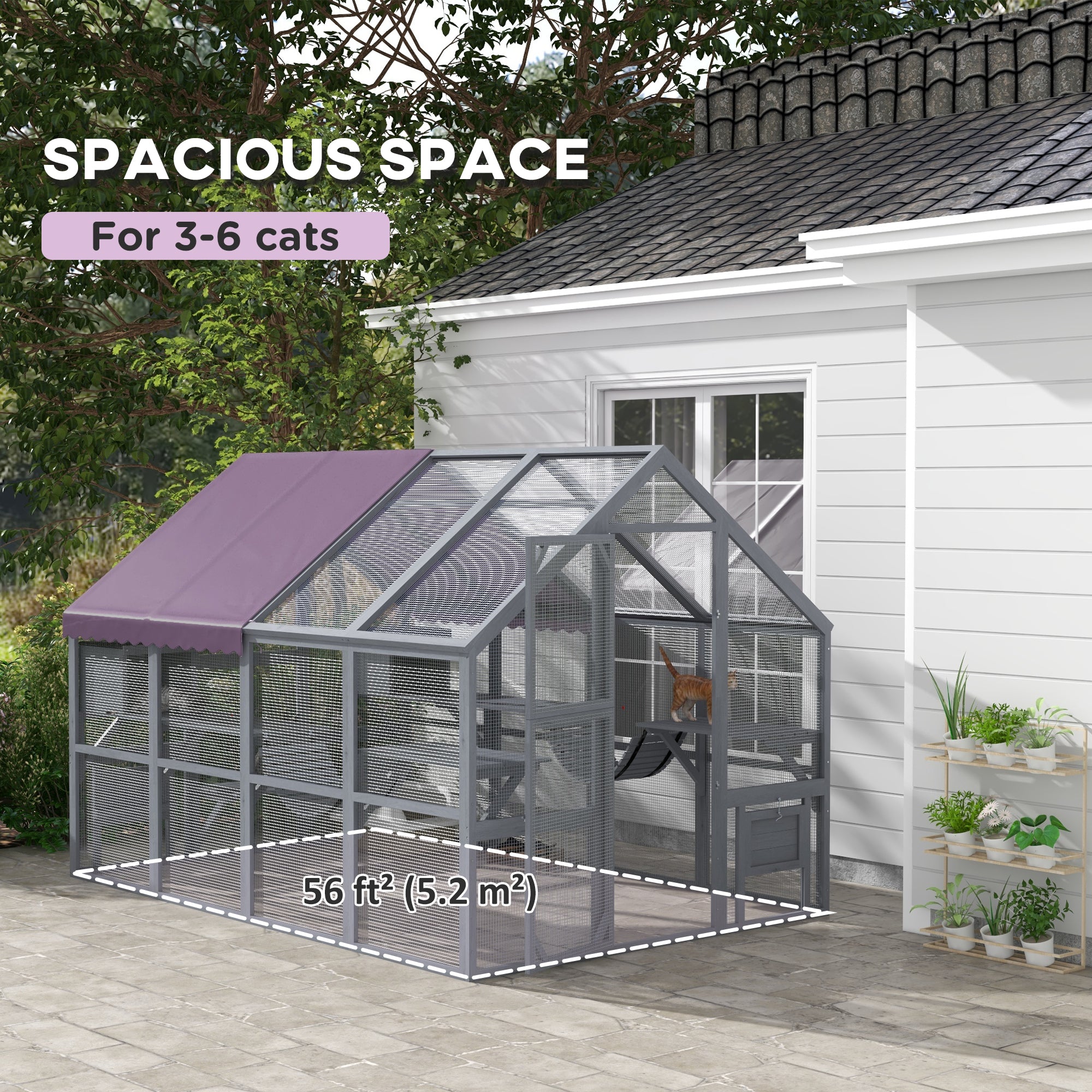 PawHut Catio Outdoor Cat Enclosure Wooden Feral Cat House with Weatherproof Canopy, Bridges, Resting Boxes, Platforms, for 3-6 Cats, Grey