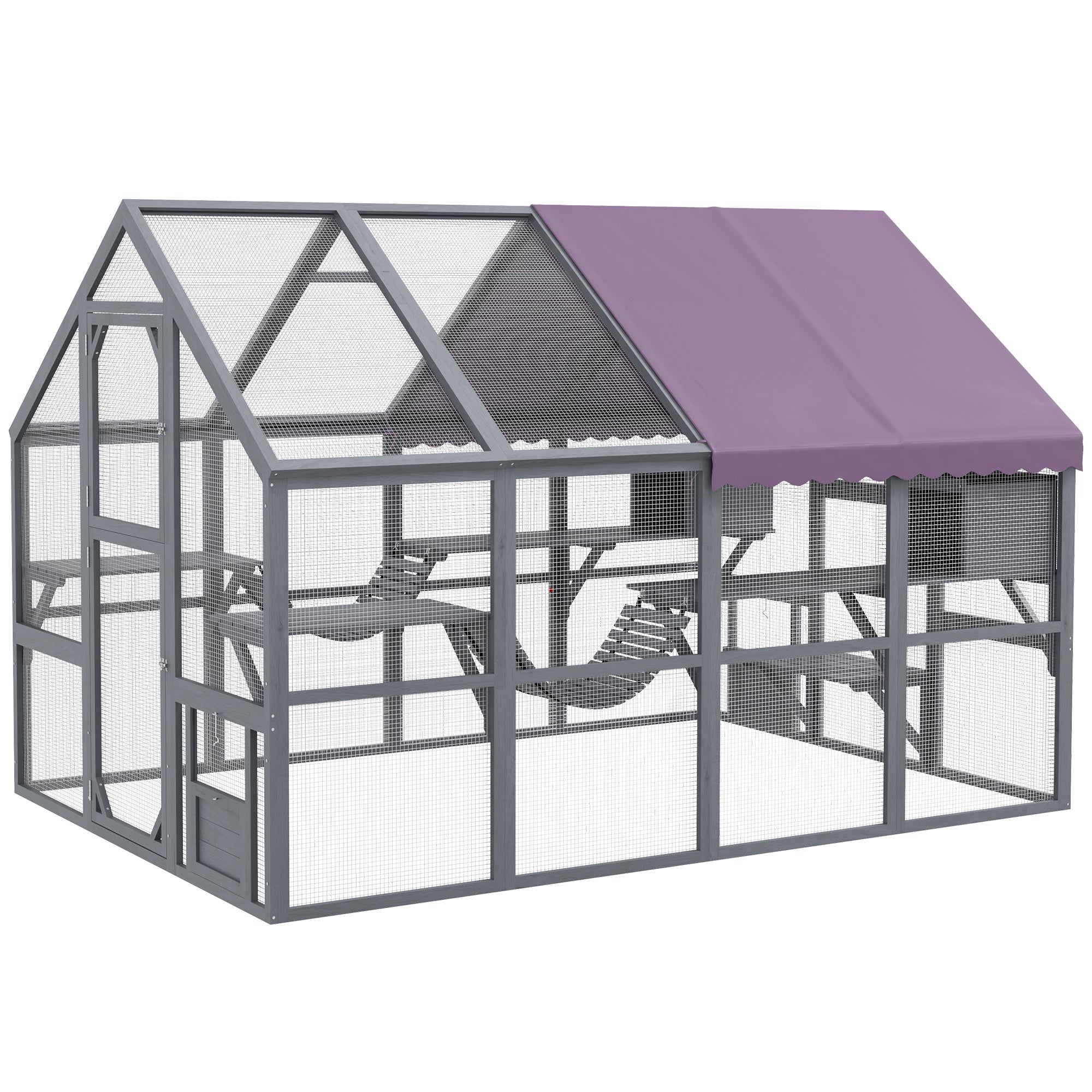PawHut Catio Outdoor Cat Enclosure Wooden Feral Cat House with Weatherproof Canopy, Bridges, Resting Boxes, Platforms, for 3-6 Cats, Grey