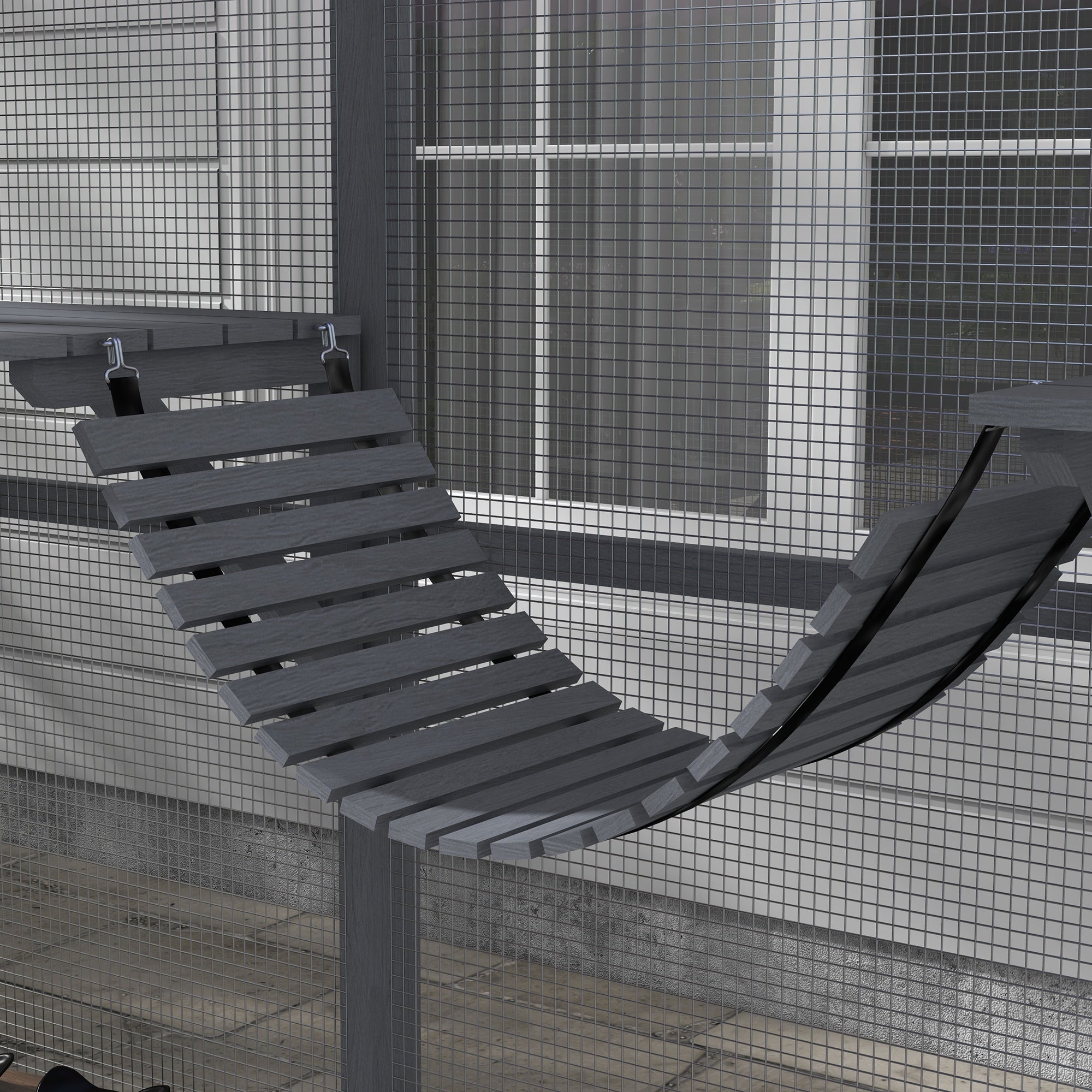 PawHut Catio Outdoor Cat Enclosure Wooden Feral Cat House with Weatherproof Canopy, Bridges, Resting Boxes, Platforms, for 3-6 Cats, Grey