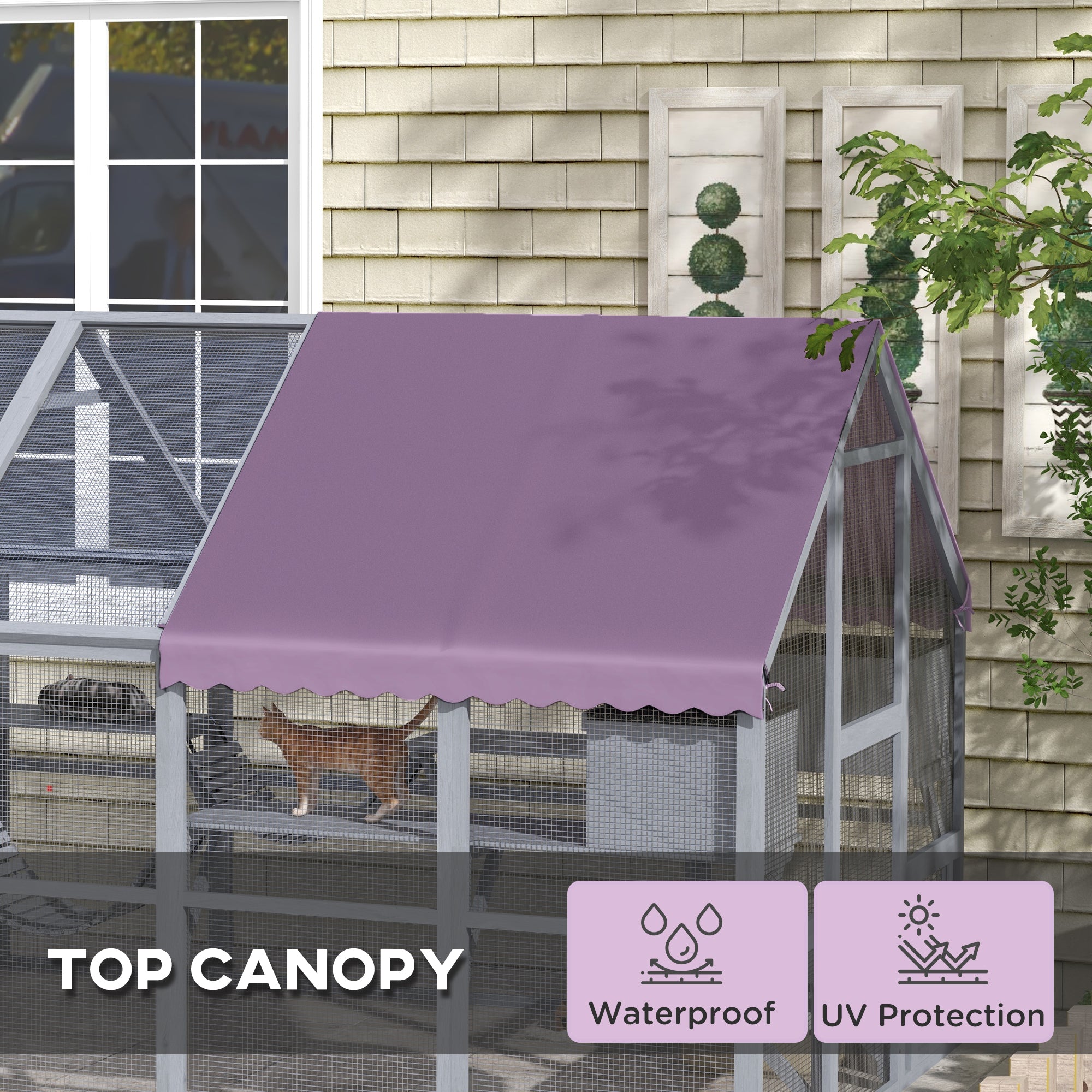 PawHut Catio Outdoor Cat Enclosure Wooden Feral Cat House with Weatherproof Canopy, Bridges, Resting Boxes, Platforms, for 3-6 Cats, Grey