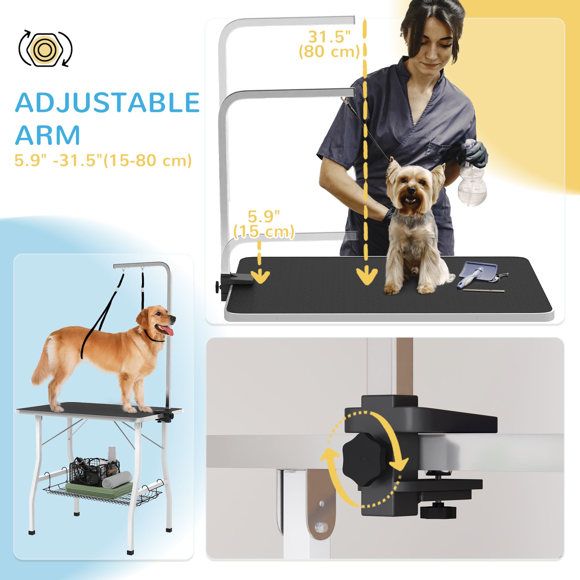 PawHut 35in Dog Grooming Table with Adjustable Arm, Foldable Pet Grooming Table with Mesh Tray, Two Nooses, Rubber Surface, 35" x 24" x 61", Black
