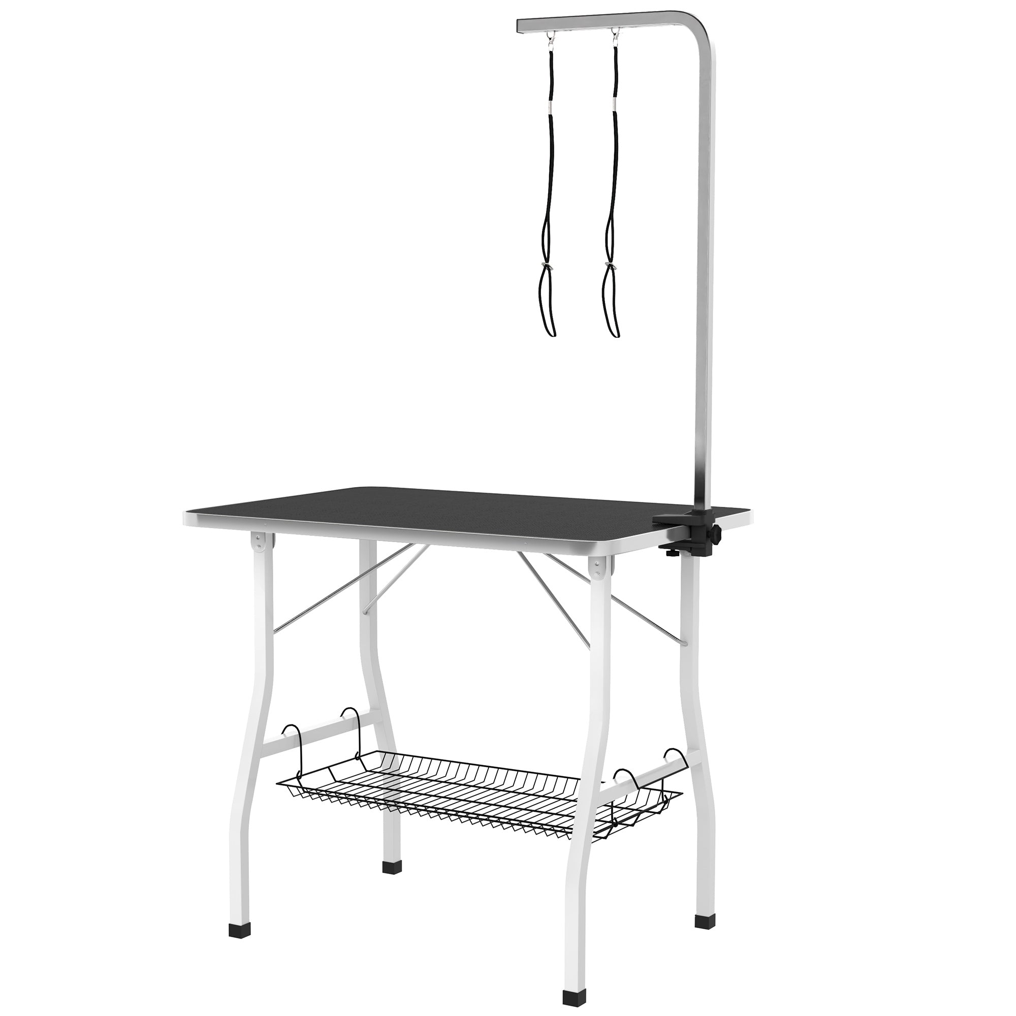 PawHut 35in Dog Grooming Table with Adjustable Arm, Foldable Pet Grooming Table with Mesh Tray, Two Nooses, Rubber Surface, 35" x 24" x 61", Black