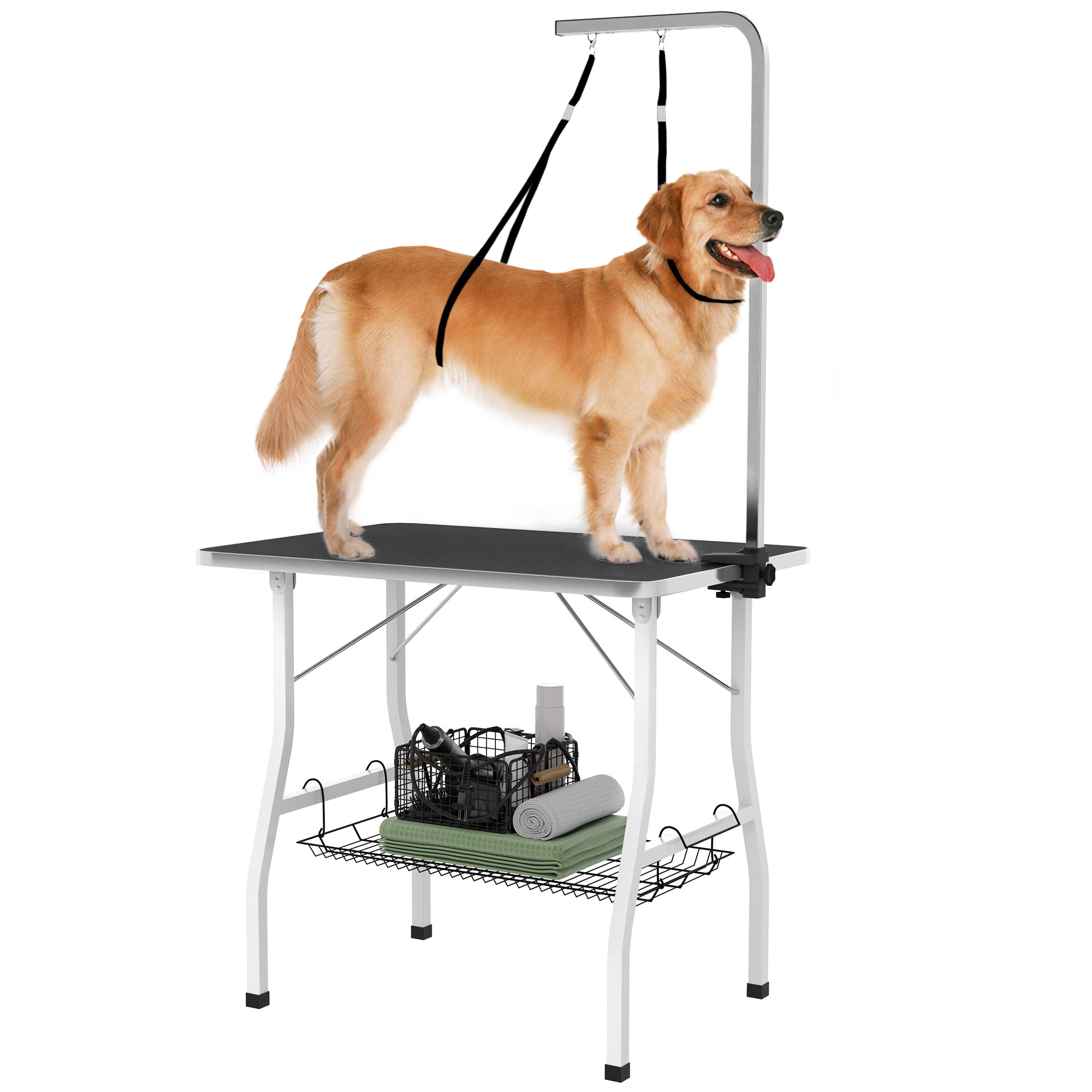 PawHut 35in Dog Grooming Table with Adjustable Arm, Foldable Pet Grooming Table with Mesh Tray, Two Nooses, Rubber Surface, 35" x 24" x 61", Black