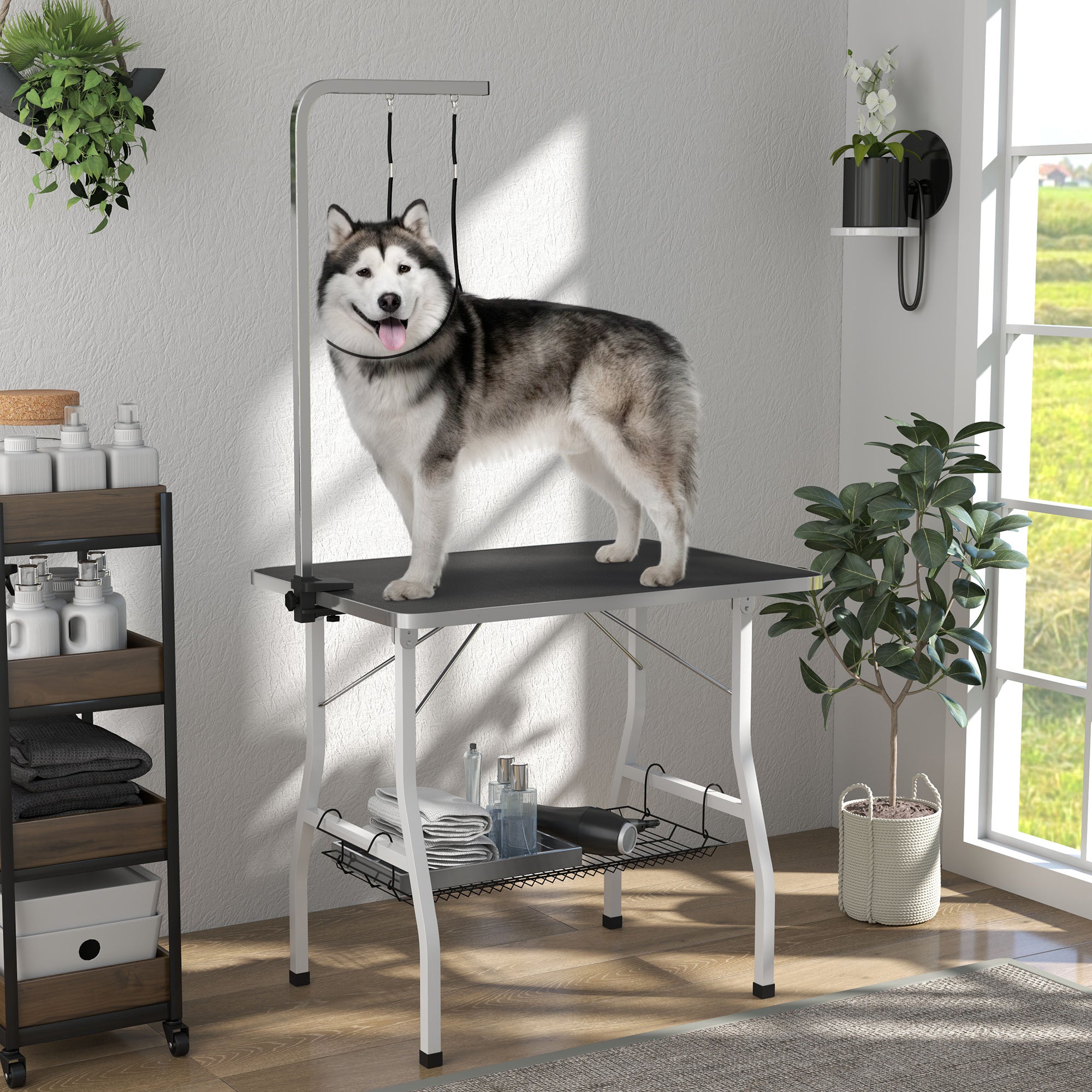 PawHut 35in Dog Grooming Table with Adjustable Arm, Foldable Pet Grooming Table with Mesh Tray, Two Nooses, Rubber Surface, 35" x 24" x 61", Black
