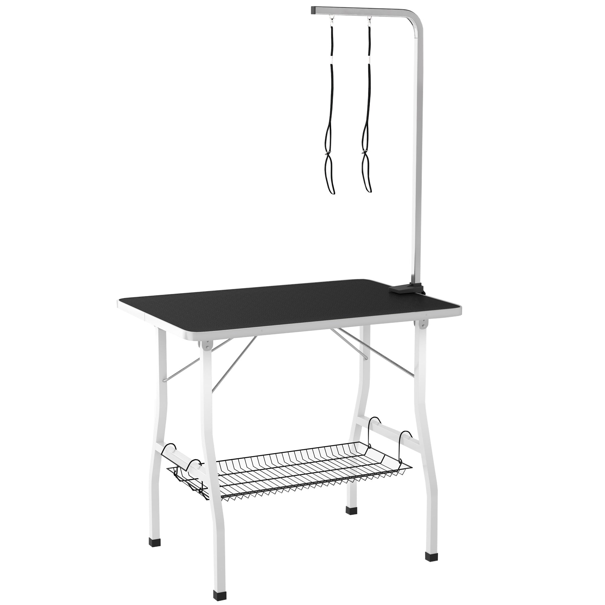 PawHut 35in Dog Grooming Table with Adjustable Arm, Foldable Pet Grooming Table with Mesh Tray, Two Nooses, Rubber Surface, 35" x 24" x 61", Black