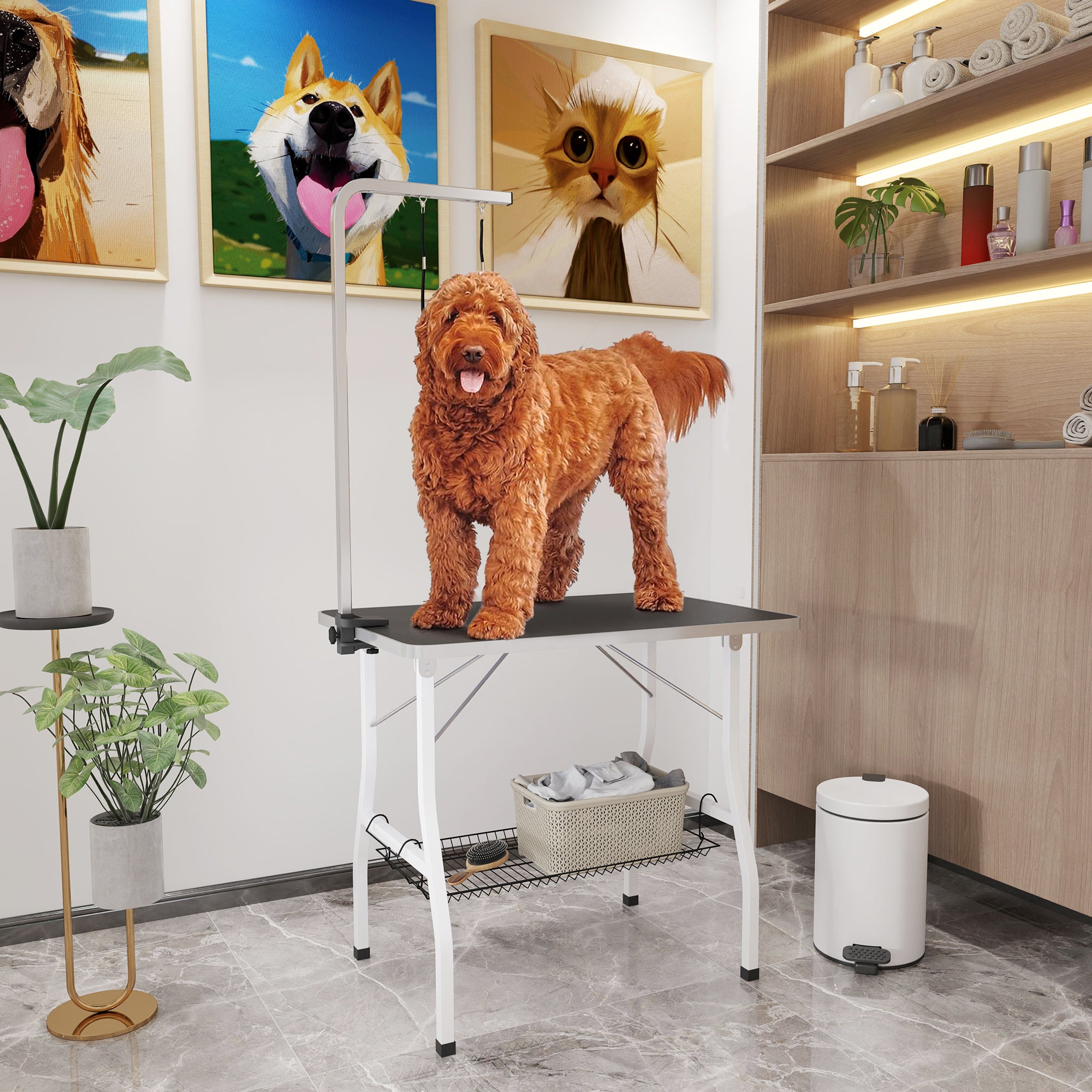 PawHut 35in Dog Grooming Table with Adjustable Arm, Foldable Pet Grooming Table with Mesh Tray, Two Nooses, Rubber Surface, 35" x 24" x 61", Black