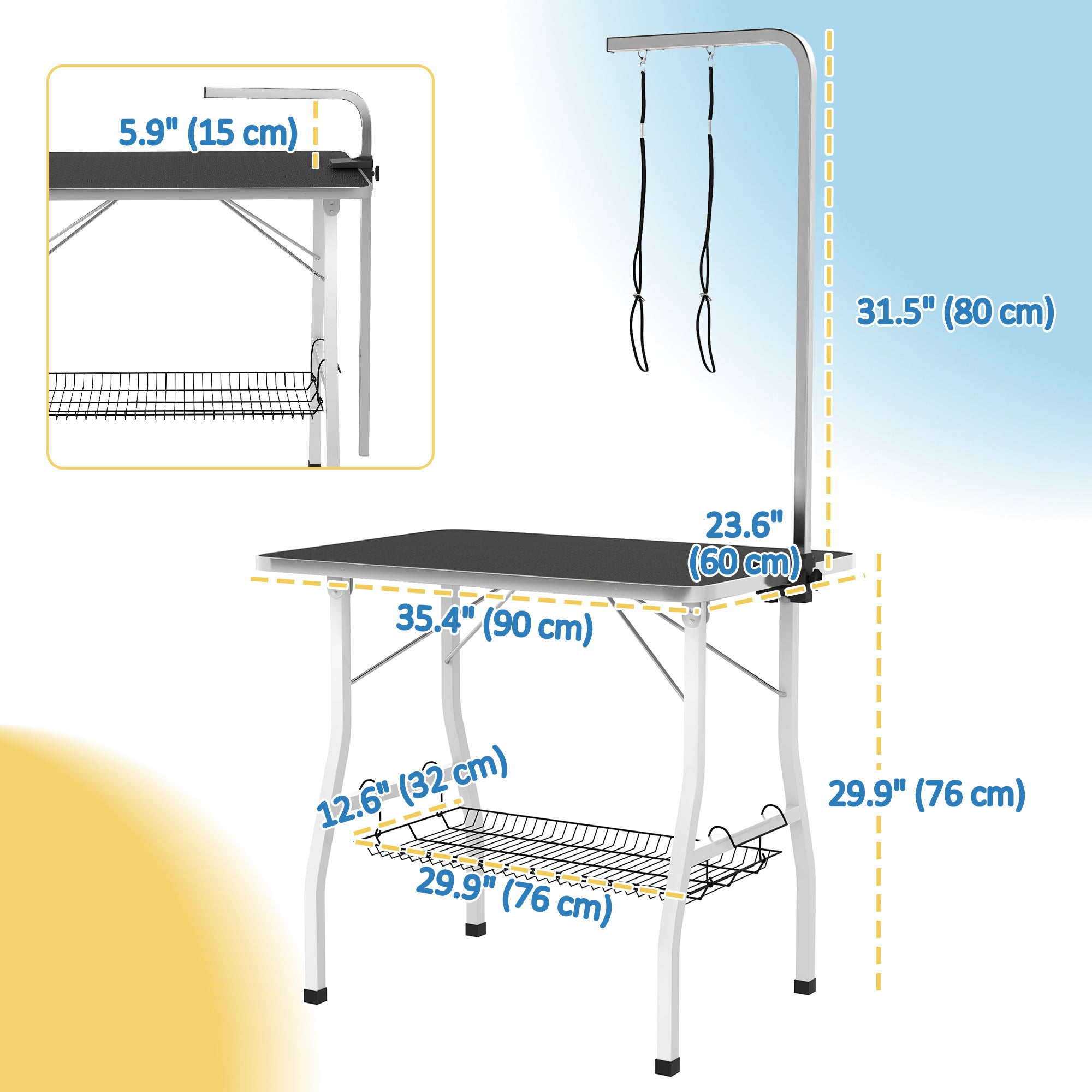 PawHut 35in Dog Grooming Table with Adjustable Arm, Foldable Pet Grooming Table with Mesh Tray, Two Nooses, Rubber Surface, 35" x 24" x 61", Black