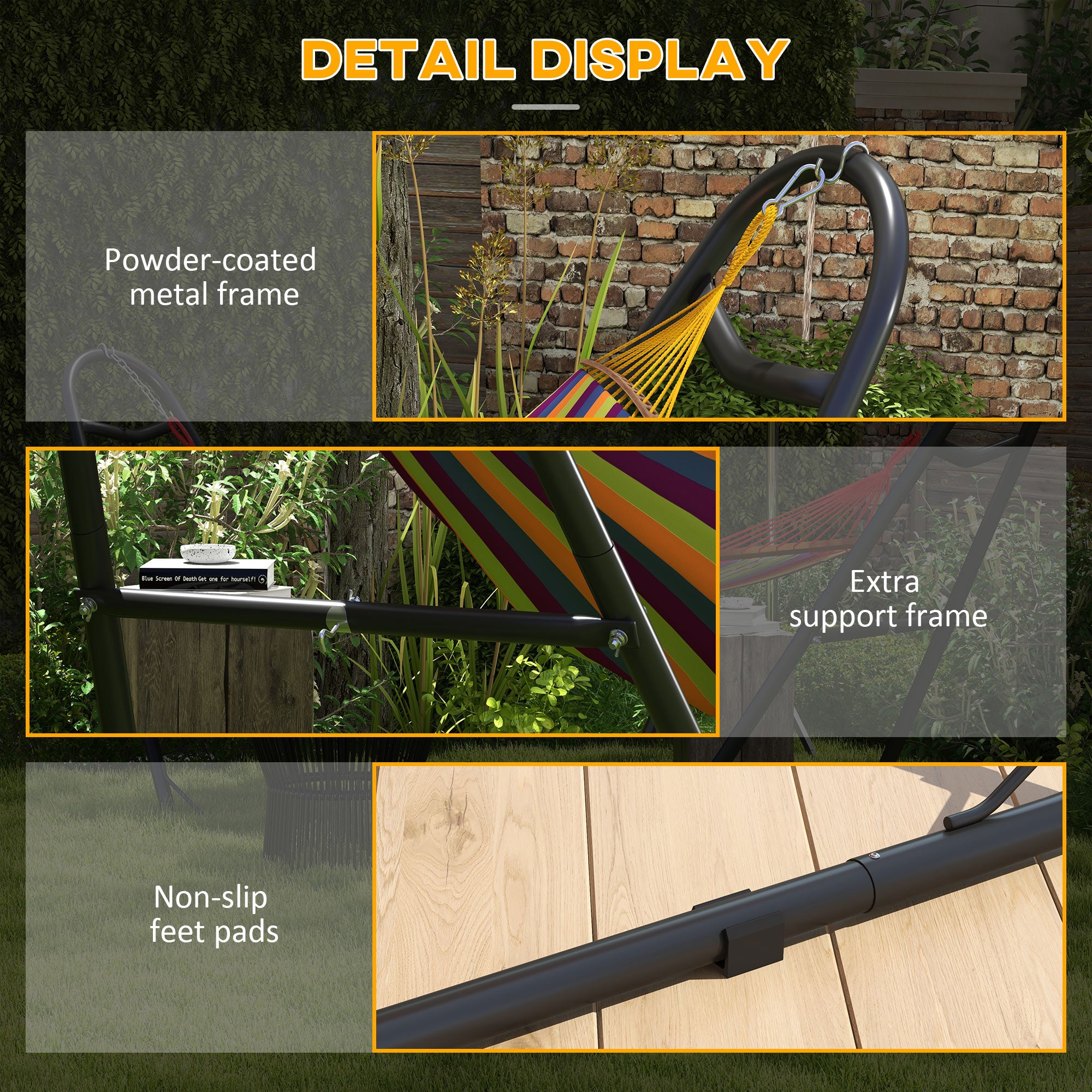 Outsunny 10.3ft Hammock Stand, Portable Hammock with Metal Frame, Adjustable Hammock Net Stand for String-style, Brazilian-style, Flat-style, Rope-style Hammocks, Black