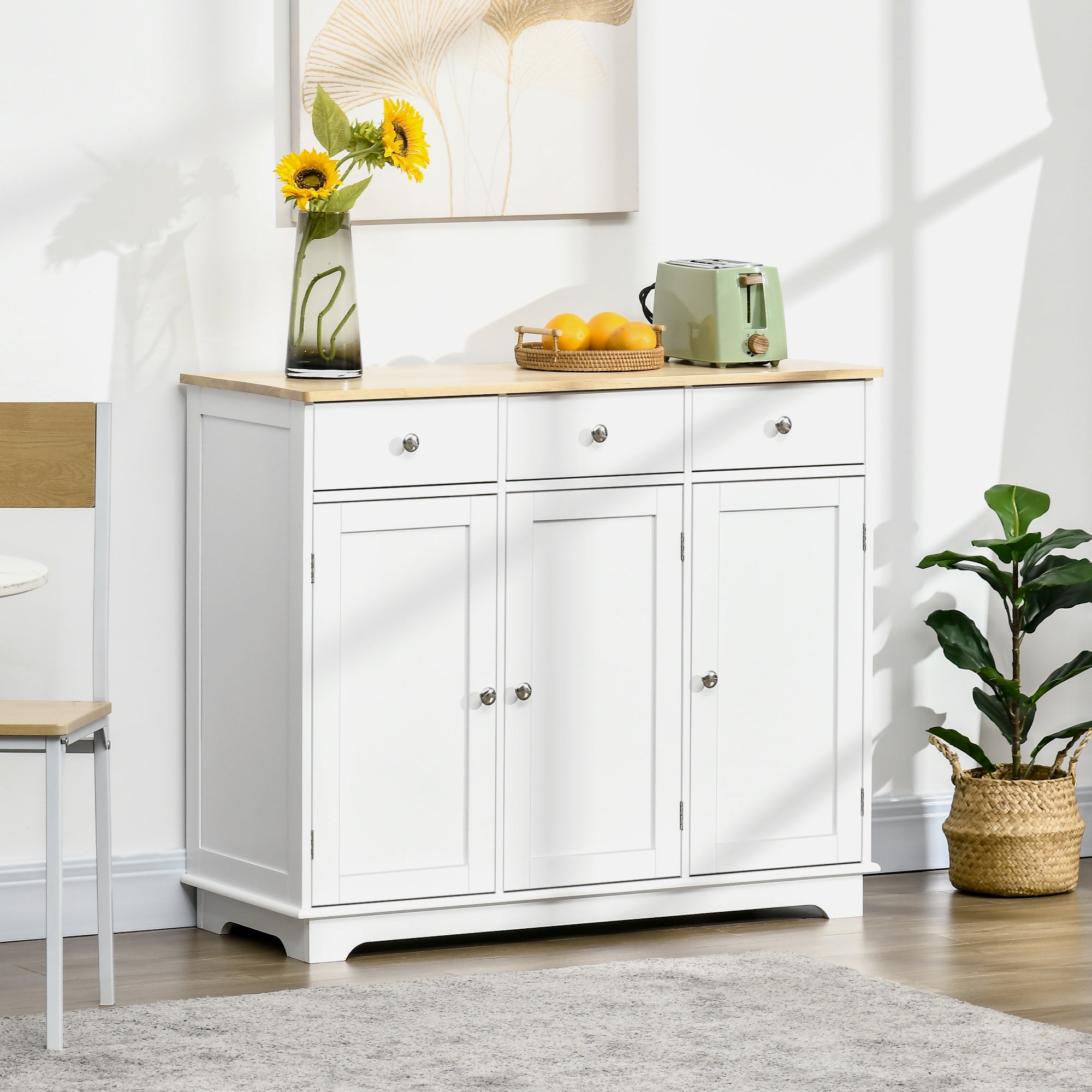 HOMCOM Sideboard Buffet Cabinet with Storage, 40" Kitchen Cabinet with 3 Adjustable Shelves, 3 Drawers and 3 Doors, Coffee Bar Cabinet with Rubberwood Tabletop, White