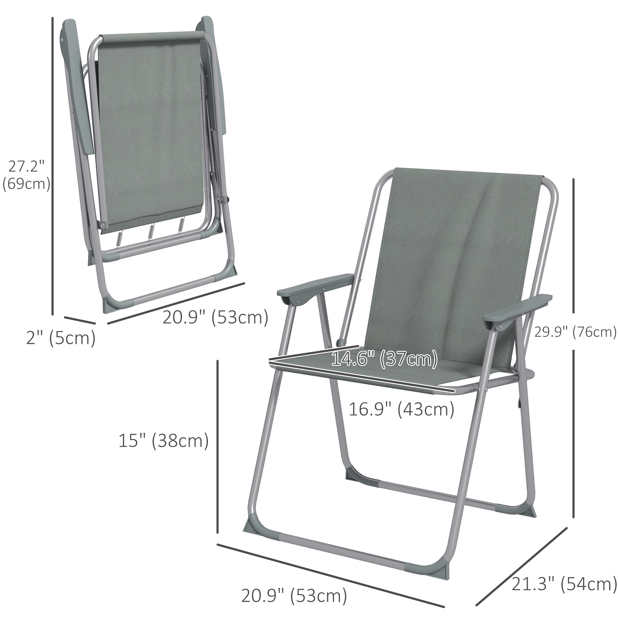 Outsunny 2 Pack Outdoor Folding Chair Set, Portable Camping Chairs with Armrest, Oxford Fabric Seat, Outdoor Chairs for Garden, Backyard, Lawn, Grey