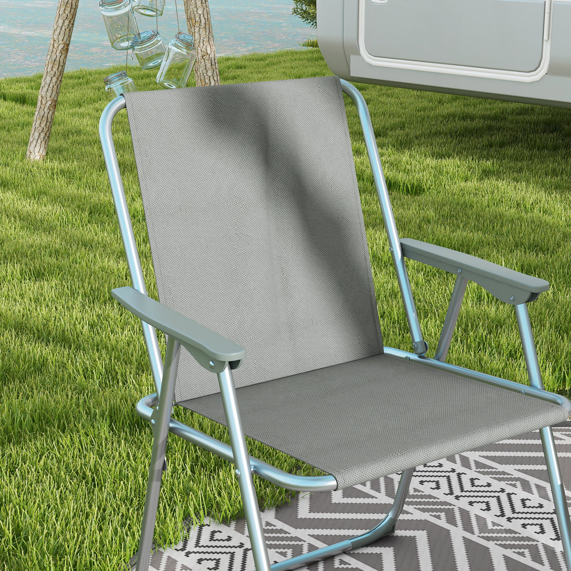 Outsunny 2 Pack Outdoor Folding Chair Set, Portable Camping Chairs with Armrest, Oxford Fabric Seat, Outdoor Chairs for Garden, Backyard, Lawn, Grey