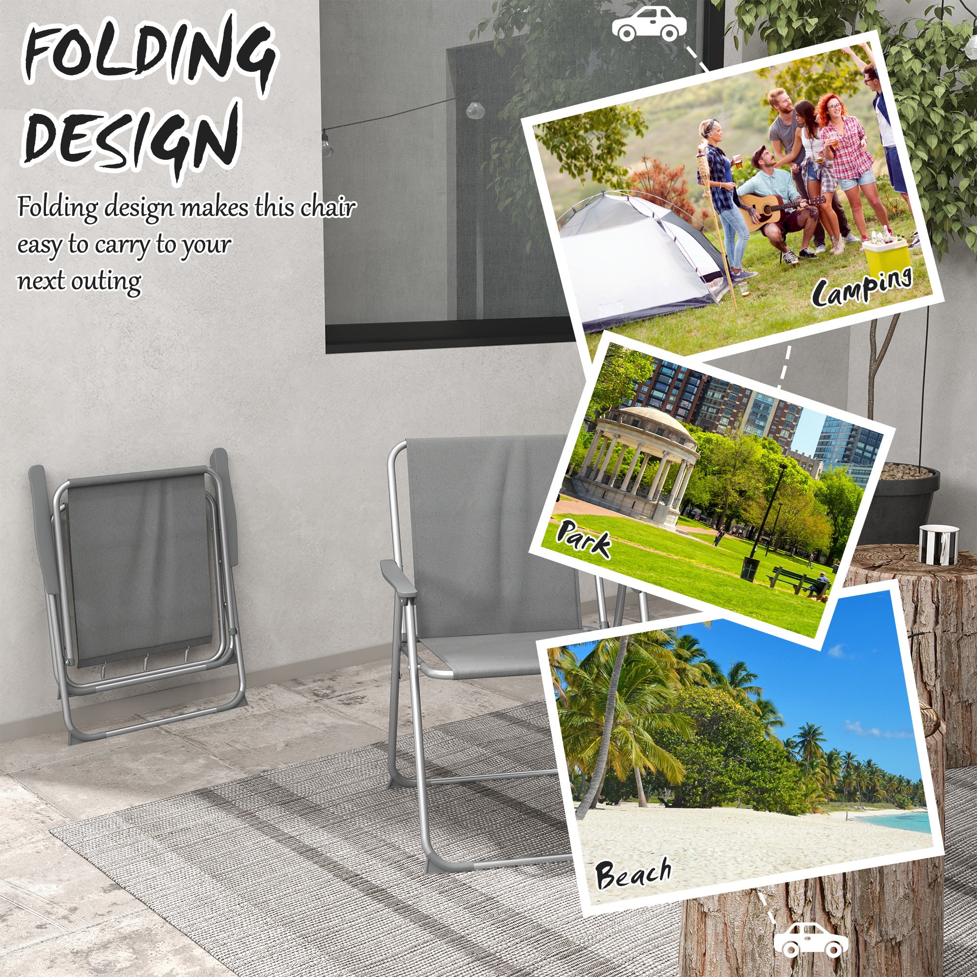 Outsunny 2 Pack Outdoor Folding Chair Set, Portable Camping Chairs with Armrest, Oxford Fabric Seat, Outdoor Chairs for Garden, Backyard, Lawn, Grey