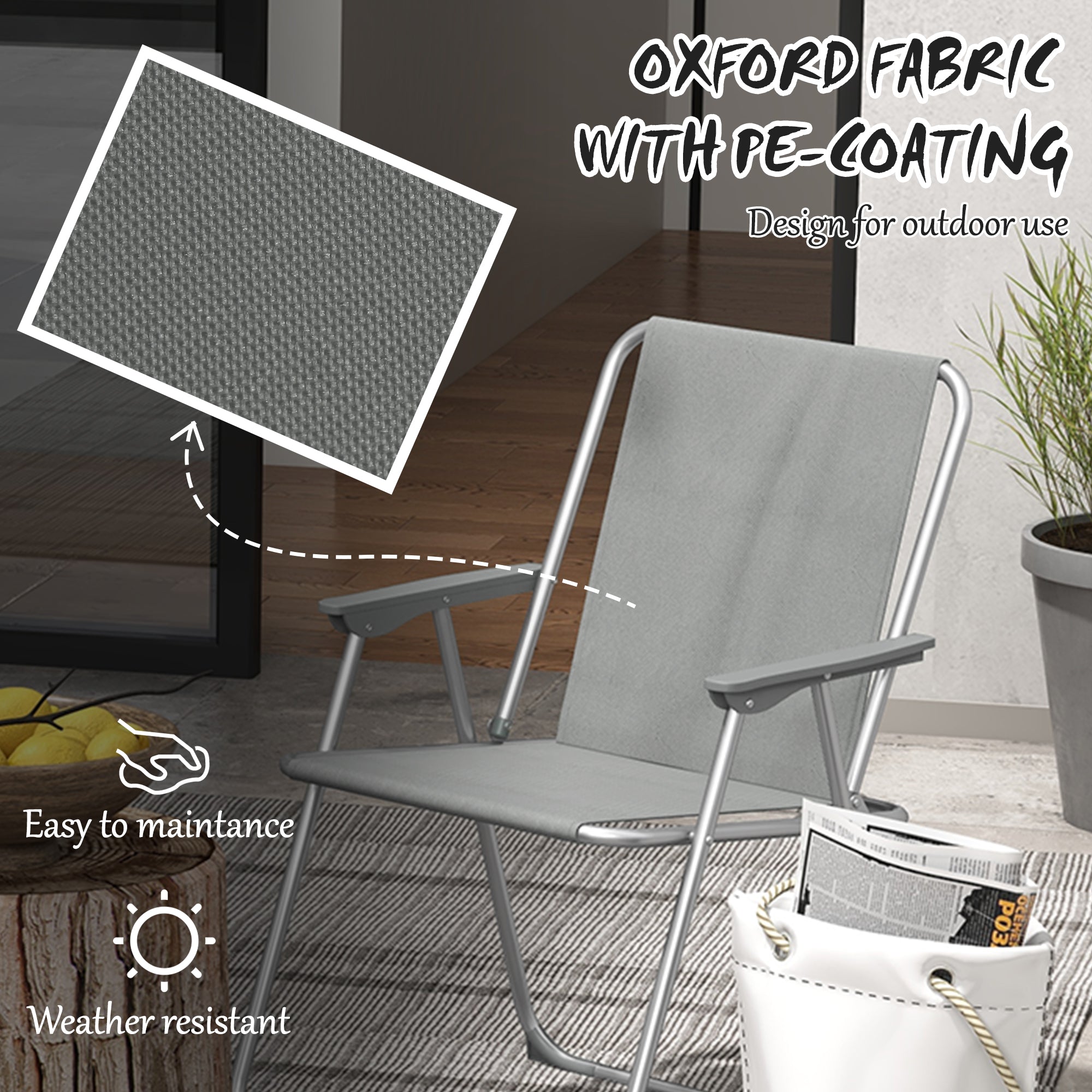 Outsunny 2 Pack Outdoor Folding Chair Set, Portable Camping Chairs with Armrest, Oxford Fabric Seat, Outdoor Chairs for Garden, Backyard, Lawn, Grey