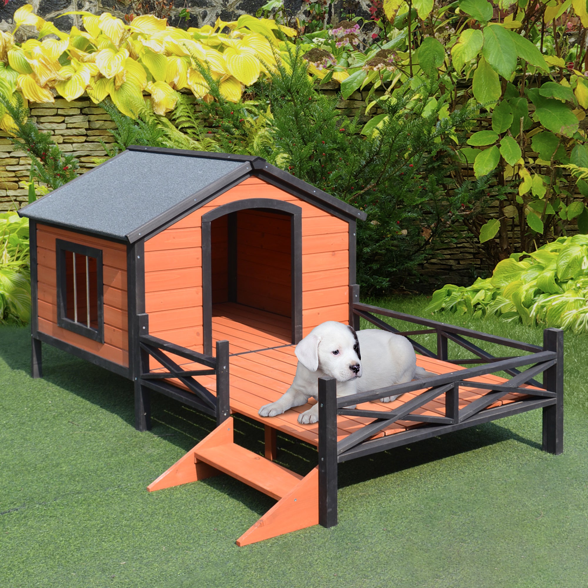 PawHut Wooden Dog House with Porch, Outside Dog House with Water-resistant Asphalt Roof, Ladders, Fencing, Window, for Small and Medium Dogs, Natural