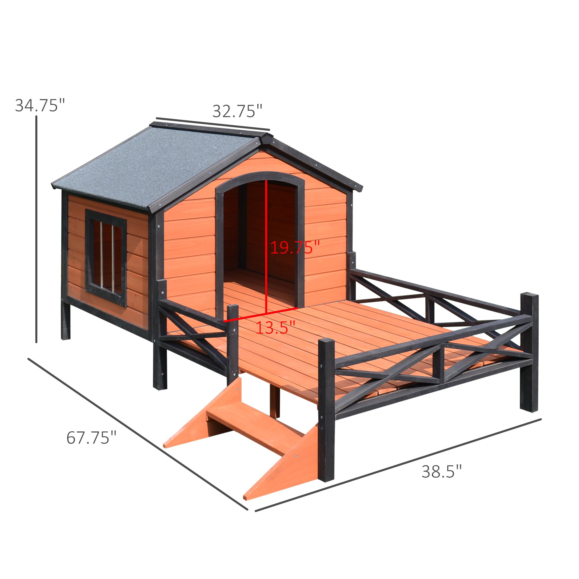 PawHut Wooden Dog House with Porch, Outside Dog House with Water-resistant Asphalt Roof, Ladders, Fencing, Window, for Small and Medium Dogs, Natural
