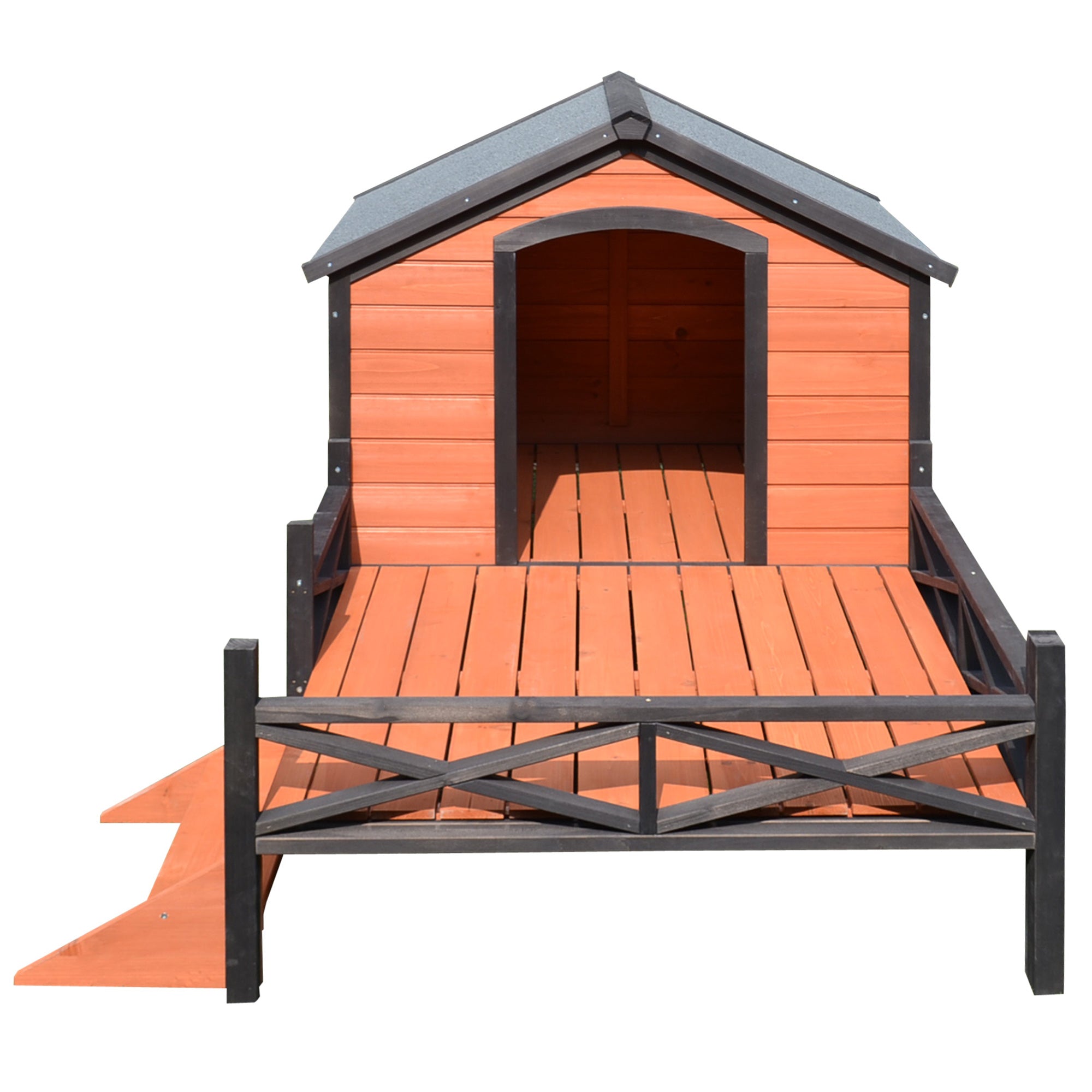 PawHut Wooden Dog House with Porch, Outside Dog House with Water-resistant Asphalt Roof, Ladders, Fencing, Window, for Small and Medium Dogs, Natural