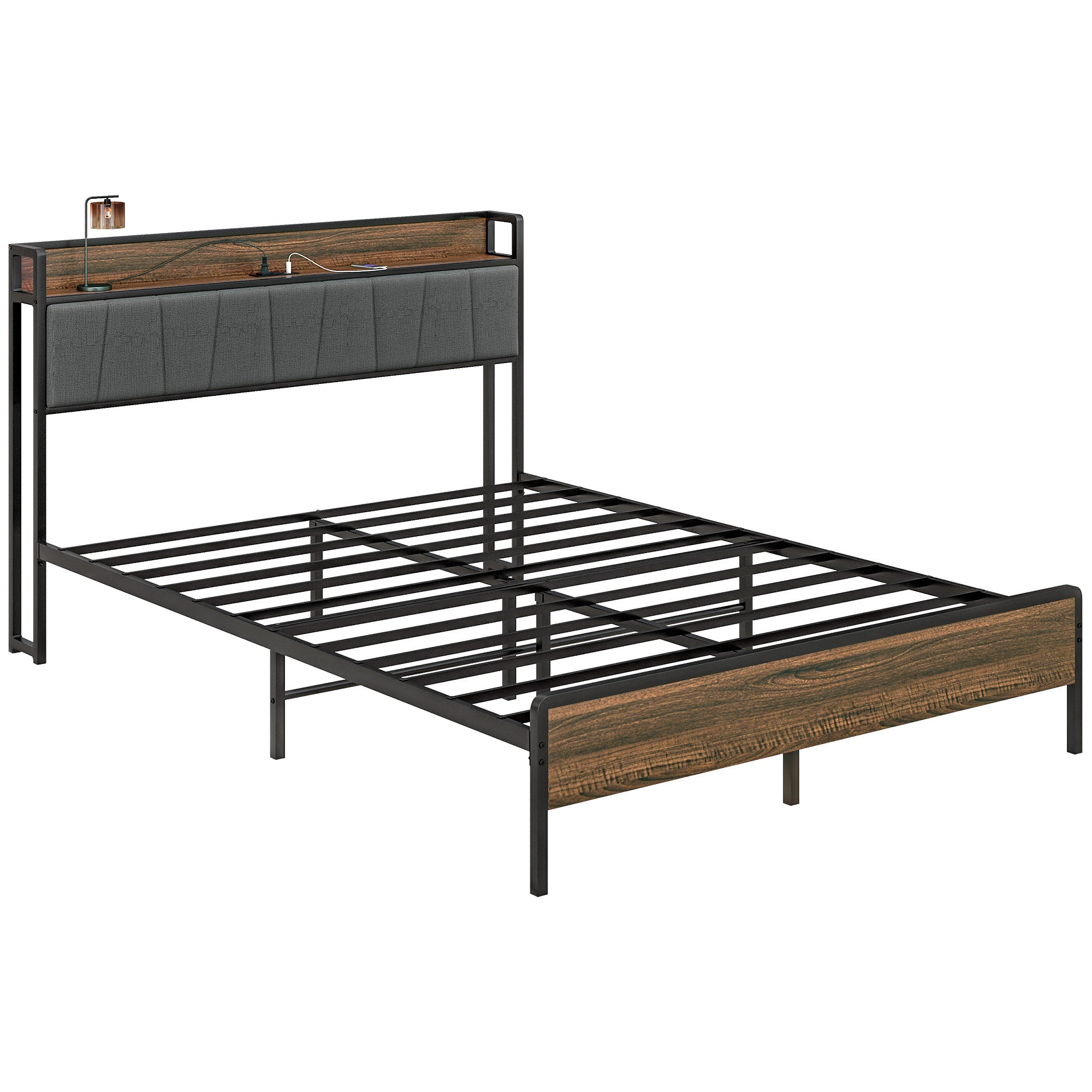 HOMCOM Queen Bed Frame with Storage, Platform Bed Frame with Charging Station, Upholstered Headboard, Steel Slats, Noise Free and Easy Assembly, No Box Spring Needed, Walnut