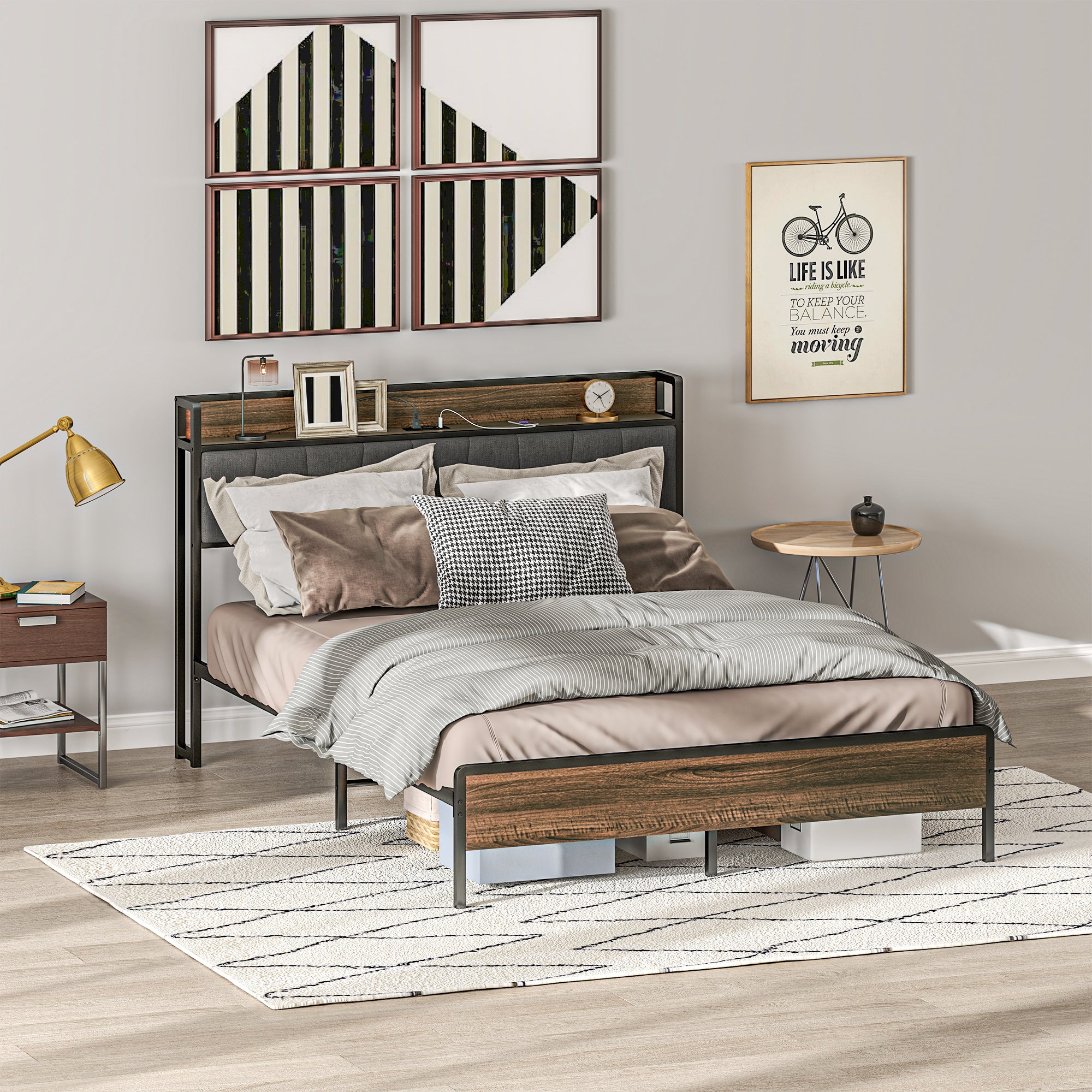 HOMCOM Queen Bed Frame with Storage, Platform Bed Frame with Charging Station, Upholstered Headboard, Steel Slats, Noise Free and Easy Assembly, No Box Spring Needed, Walnut
