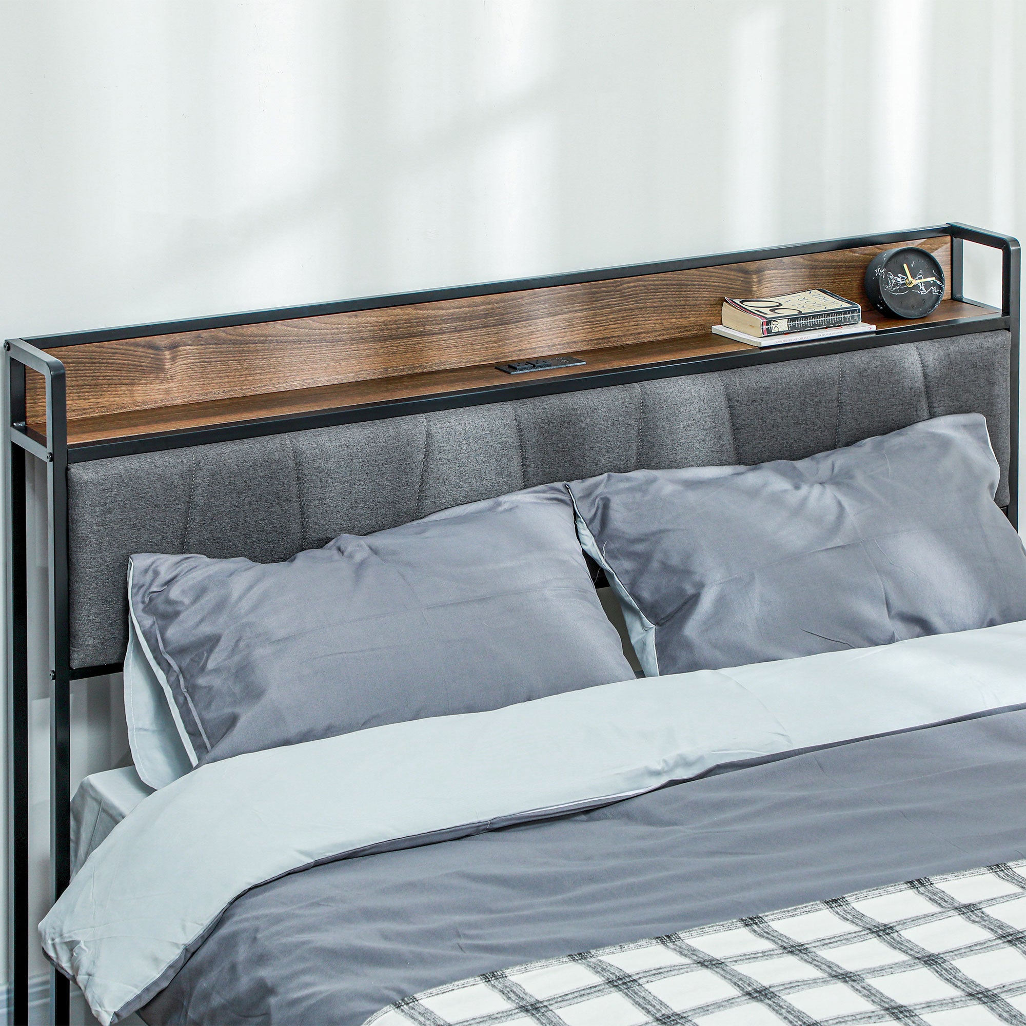 HOMCOM Queen Bed Frame with Storage, Platform Bed Frame with Charging Station, Upholstered Headboard, Steel Slats, Noise Free and Easy Assembly, No Box Spring Needed, Walnut