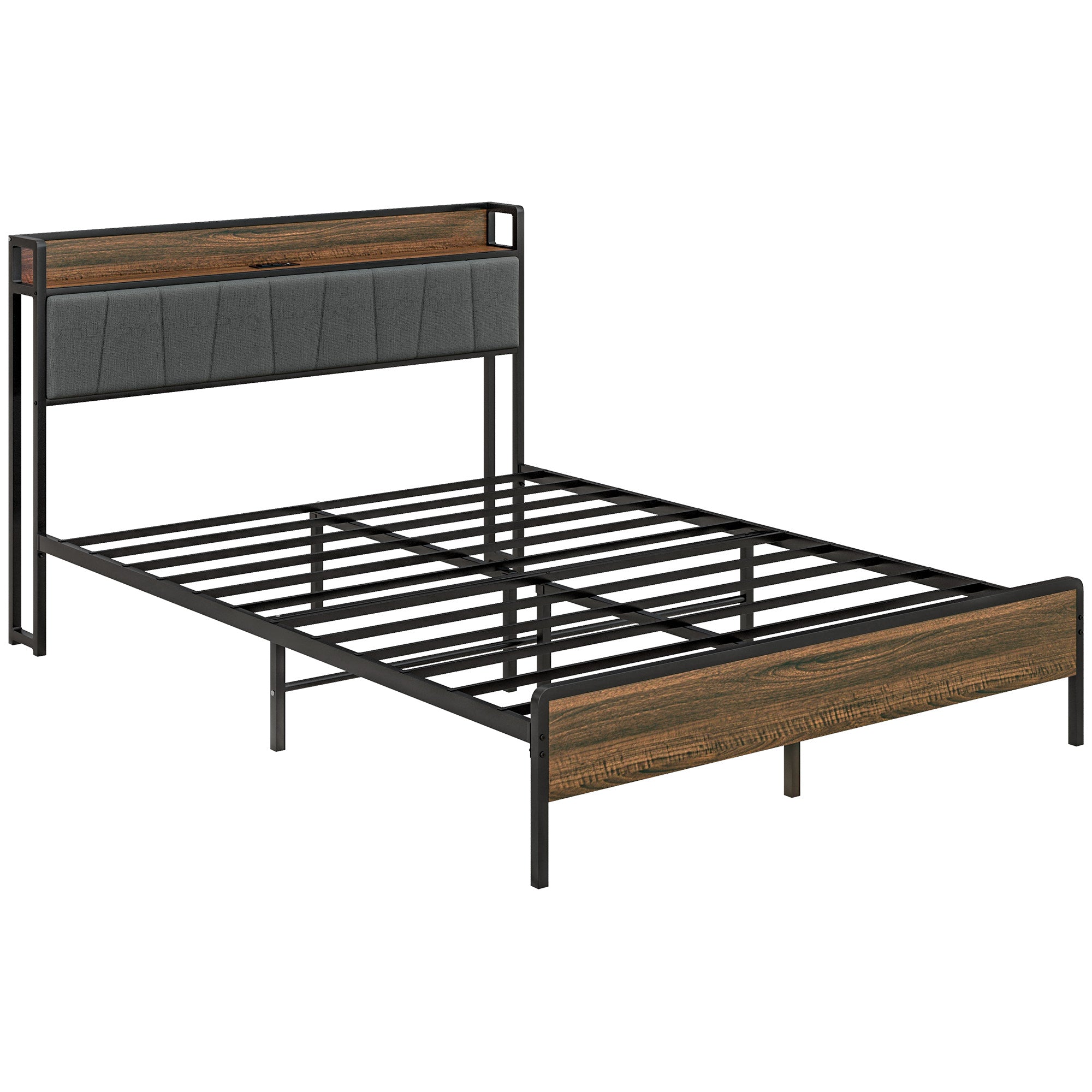 HOMCOM Queen Bed Frame with Storage, Platform Bed Frame with Charging Station, Upholstered Headboard, Steel Slats, Noise Free and Easy Assembly, No Box Spring Needed, Walnut