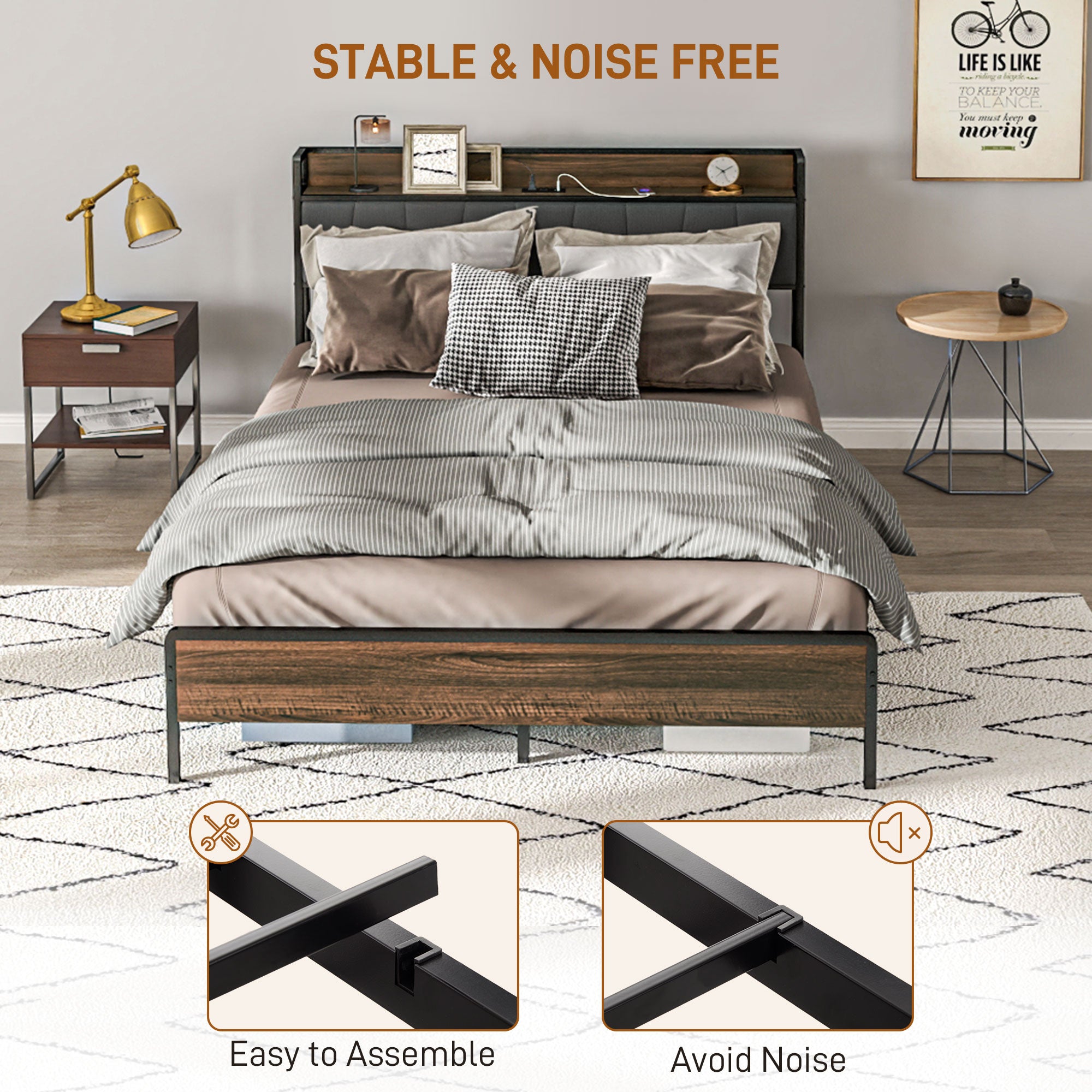 HOMCOM Queen Bed Frame with Storage, Platform Bed Frame with Charging Station, Upholstered Headboard, Steel Slats, Noise Free and Easy Assembly, No Box Spring Needed, Walnut