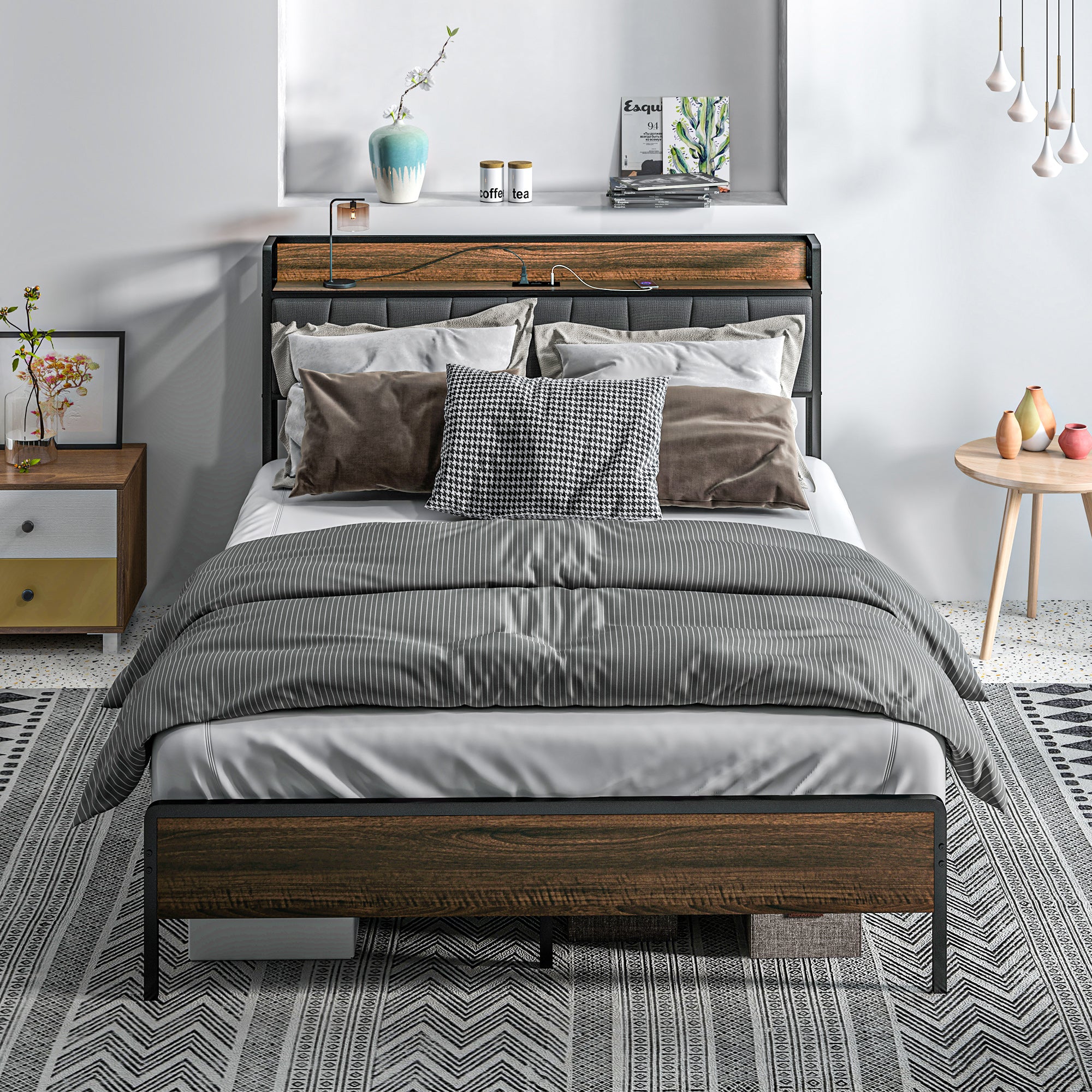 HOMCOM Queen Bed Frame with Storage, Platform Bed Frame with Charging Station, Upholstered Headboard, Steel Slats, Noise Free and Easy Assembly, No Box Spring Needed, Walnut